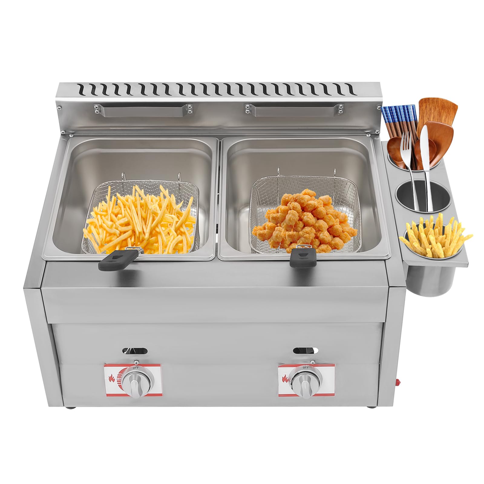 LYNICESHOP Stainless Steel Countertop Gas Fryer, Commercial LPG Gas Deep Fryer with 2 Basket Propane LPG Oil Frying Pot Kitchen Frying Machine Snack Fryer For French Fries Restaurant Home Kitchen