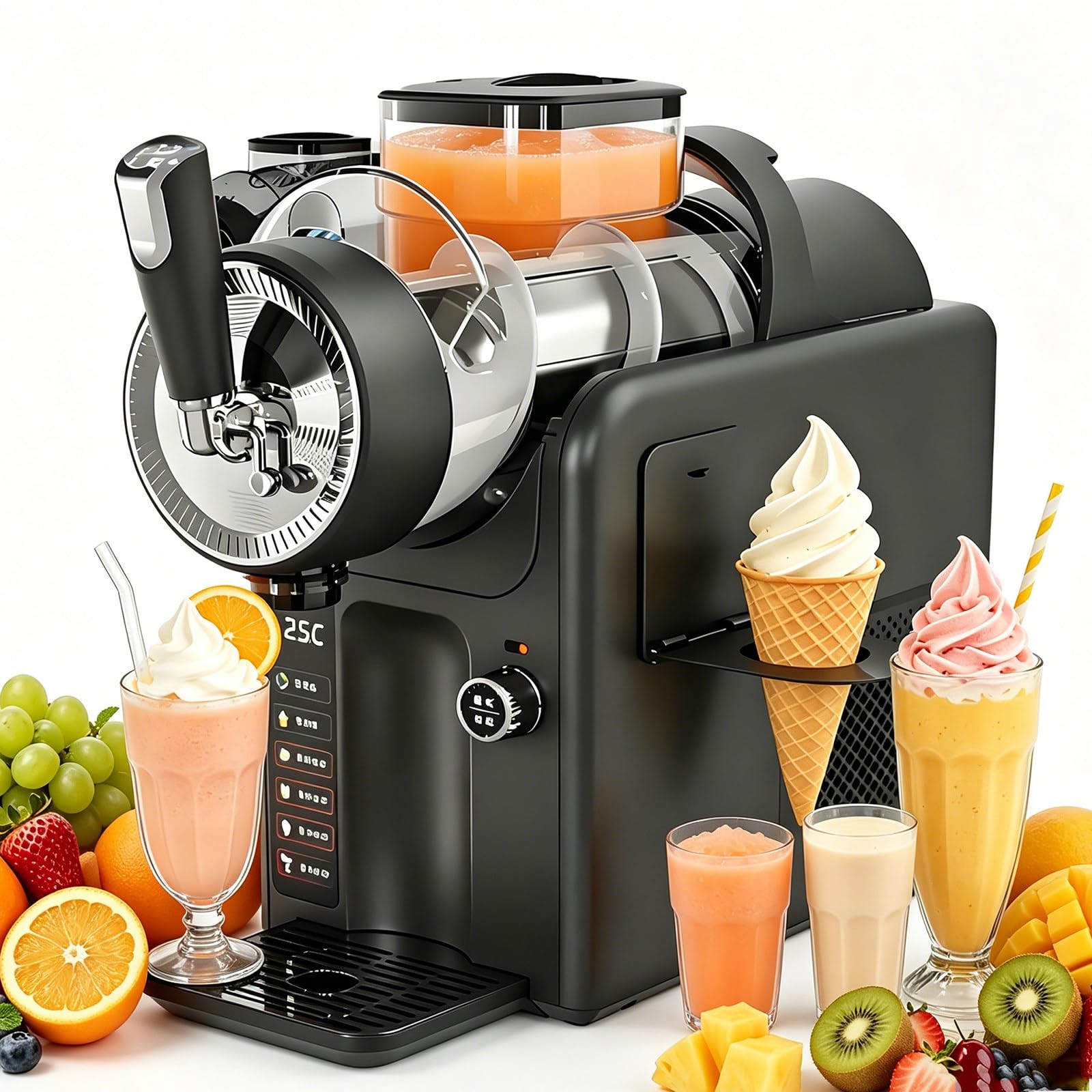 Macchina per Granite da 185 W, Macchina per Granite 5 in 1 con 5 programmi preimpostati, Macchina per Gelato Soft per Bevande Fredde Professionale, miscelazione a 360° Black