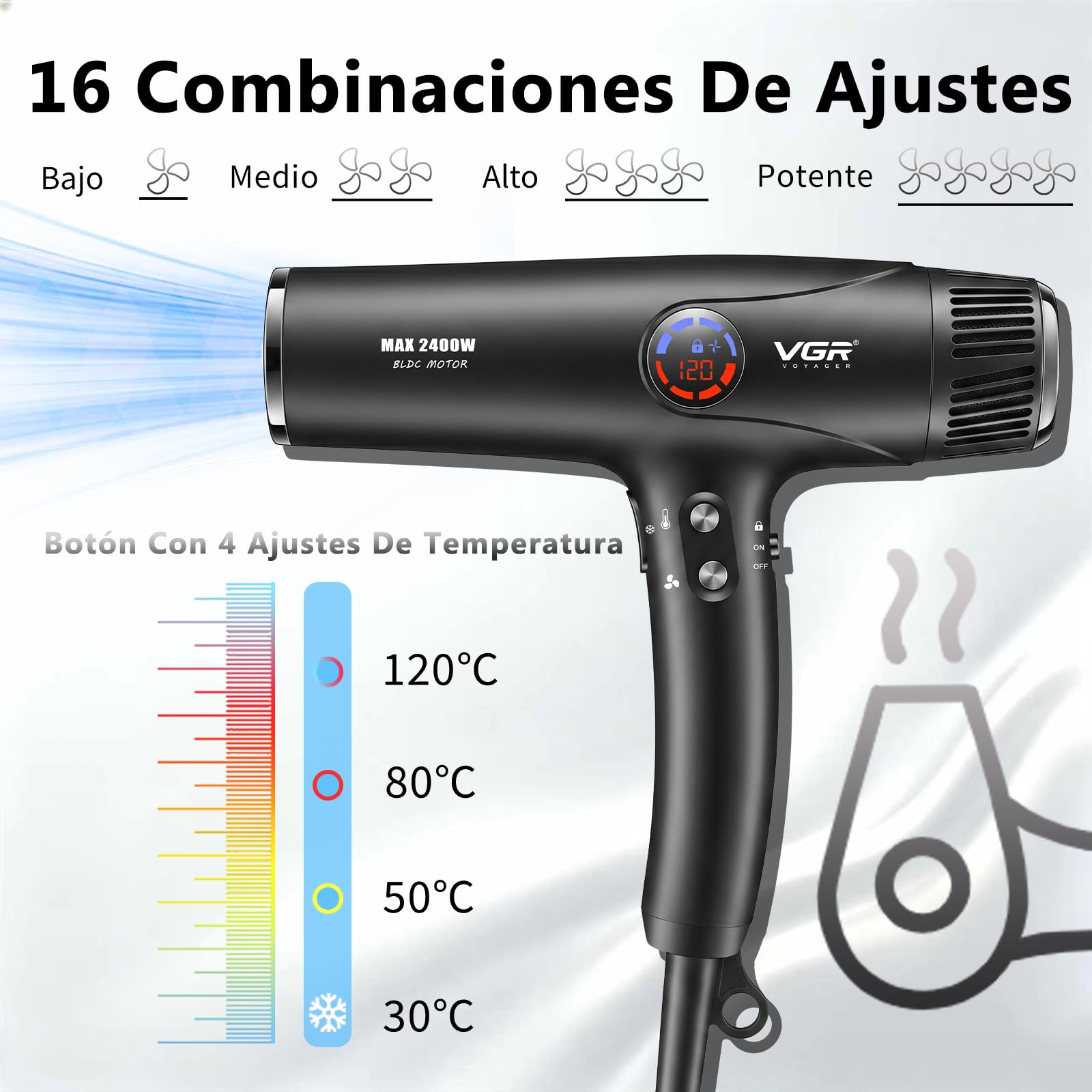 VGR 469 Secador de Pelo Profesional, Motor BLDC 2400 W, Secado Rápido | Incluye difusor, botón de aire frío, 4 temperaturas, pantalla LED y función de bloqueo