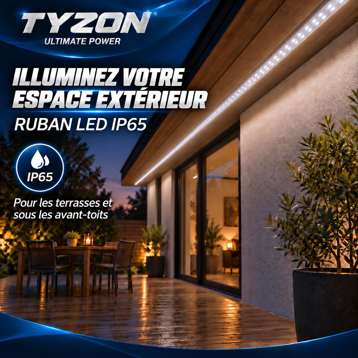 TYZON Ruban LED 15 m, 6000 K, 1000 lm/m, IP65, 230 V