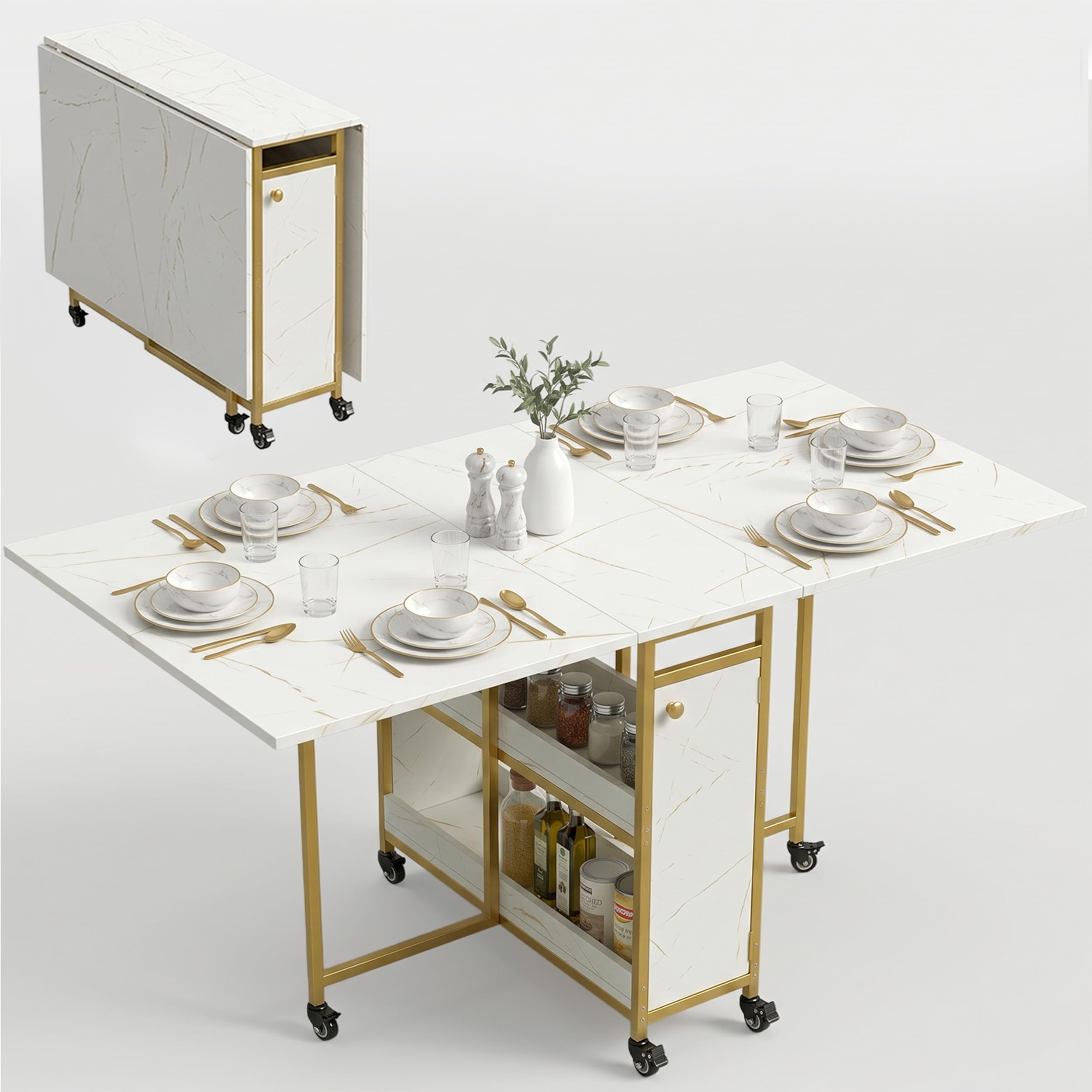 Blisswood Folding Dining Table for 4–6 People, 152cm Extendable Drop Leaf Kitchen Table with Marble Effect Top, 2 Storage Shelves & 6 Lockable Wheels, Space Saving White Dining Table for Small Spaces
