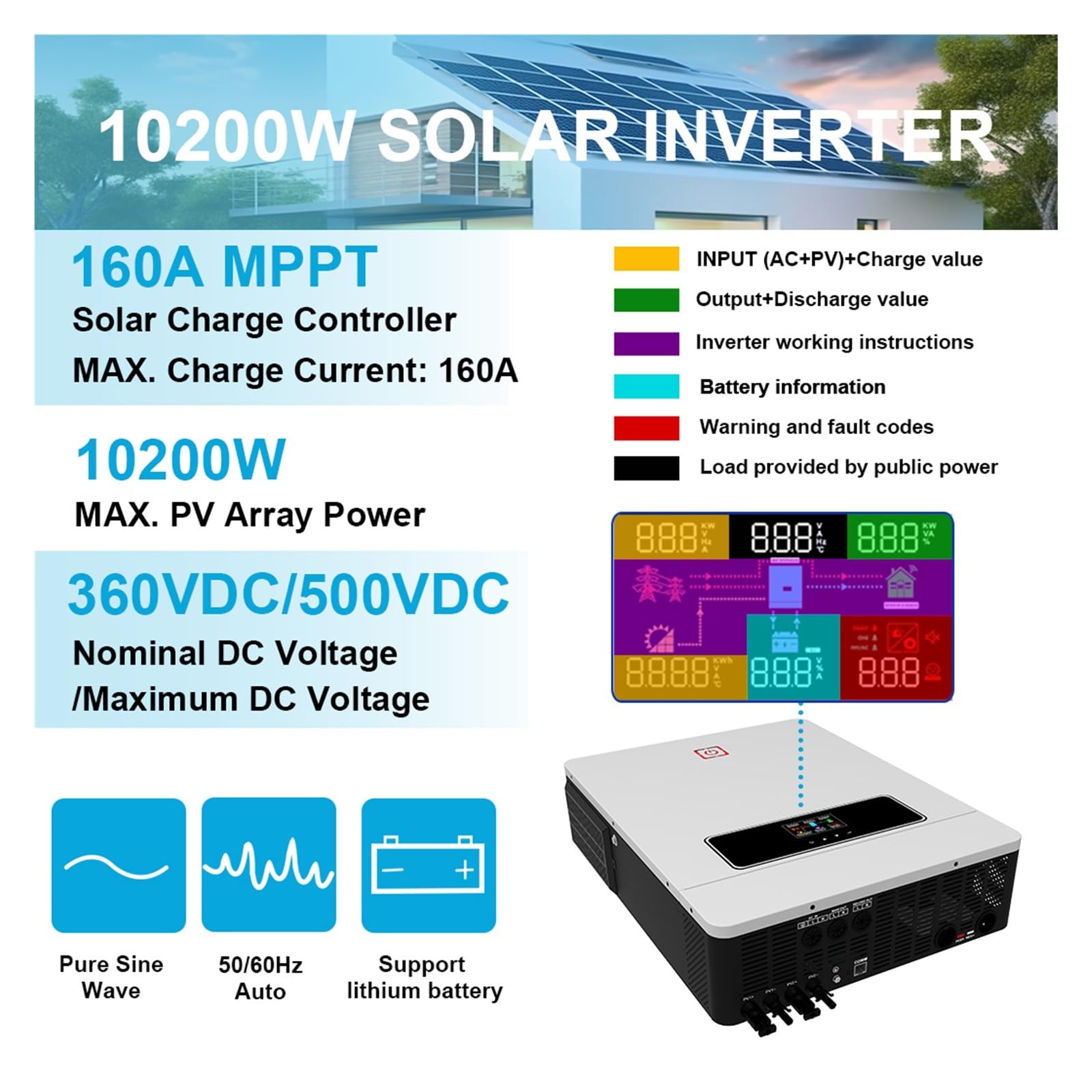 10.2KW On/Off Grid Solar Hybrid Inverter Wyjście DC48V Do AC230V Wbudowany Kontroler Ładowania 160A Podwójne Wejście PV Max 500V OszczęDność KosztóW(10.2KW With WiFI)