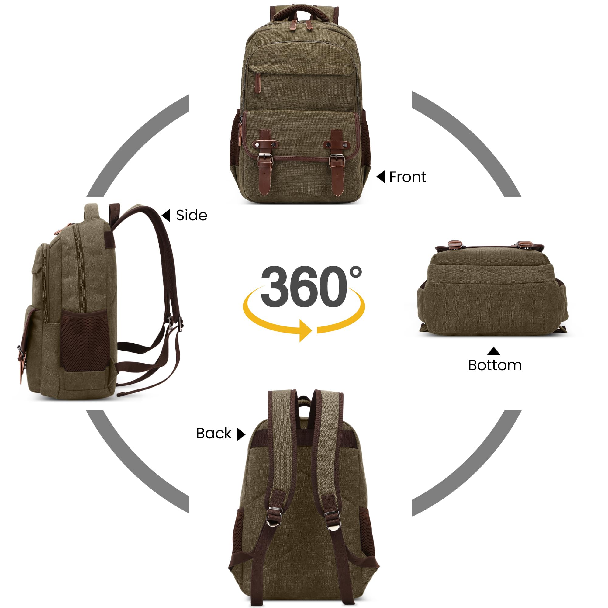 Retro Rucksack Herren Elegant Groß Kapazität Tagesrucksack für 15 Zoll Laptop mit Griff Mehrere Taschen Schulrucksack Reisen Lässig Arbeit Camping Täglich Leinwand Herren Backpack Grün