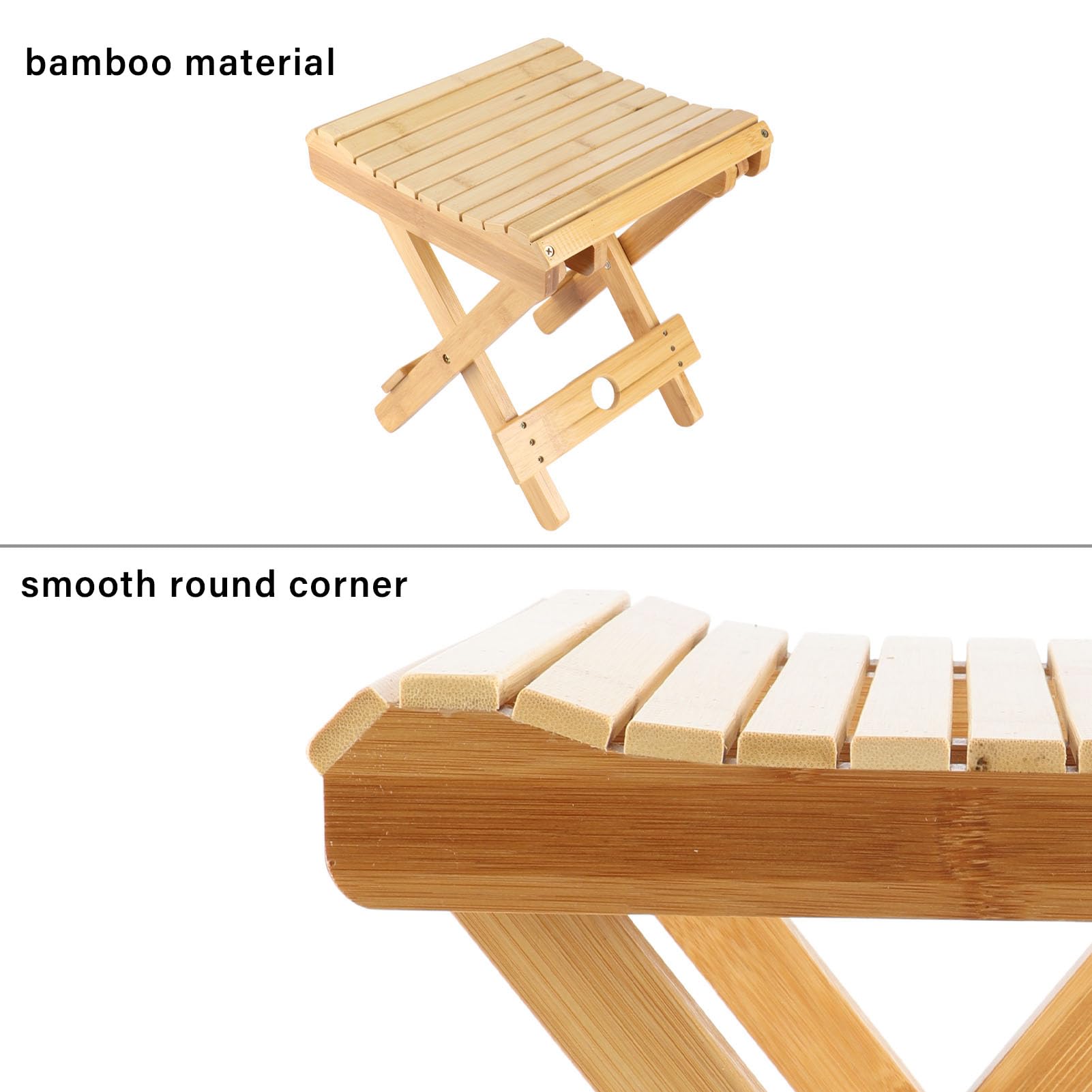 Brrnoo Taburete Plegable de bambú con Esquinas Curvas Antirrayas para Baño | Adecuado para Afeitado, Sauna, Spa, Patio y Viajes, Pintura a Base de Agua No Tóxica, Material de bambú Resistente