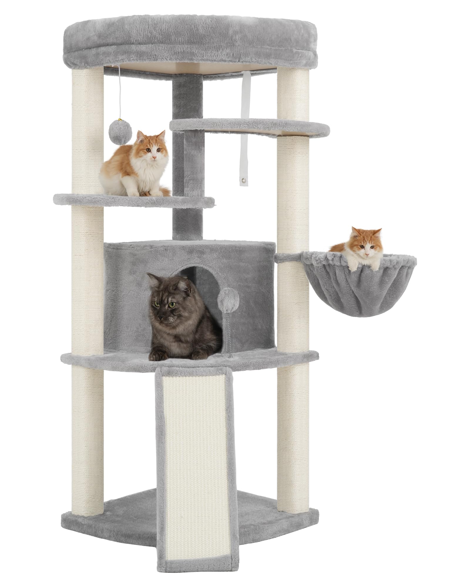 Gitelsnour Eck-Kratzbaum, Katzenbaum für Innenbereich, Mehrstöckiges katzenkratzbaum mit vollständig sisalbezogenen Kratzsäulen, Katzenhöhle, großer Oberplattform, Hängender Katzenkorb, Hellgrau 025W
