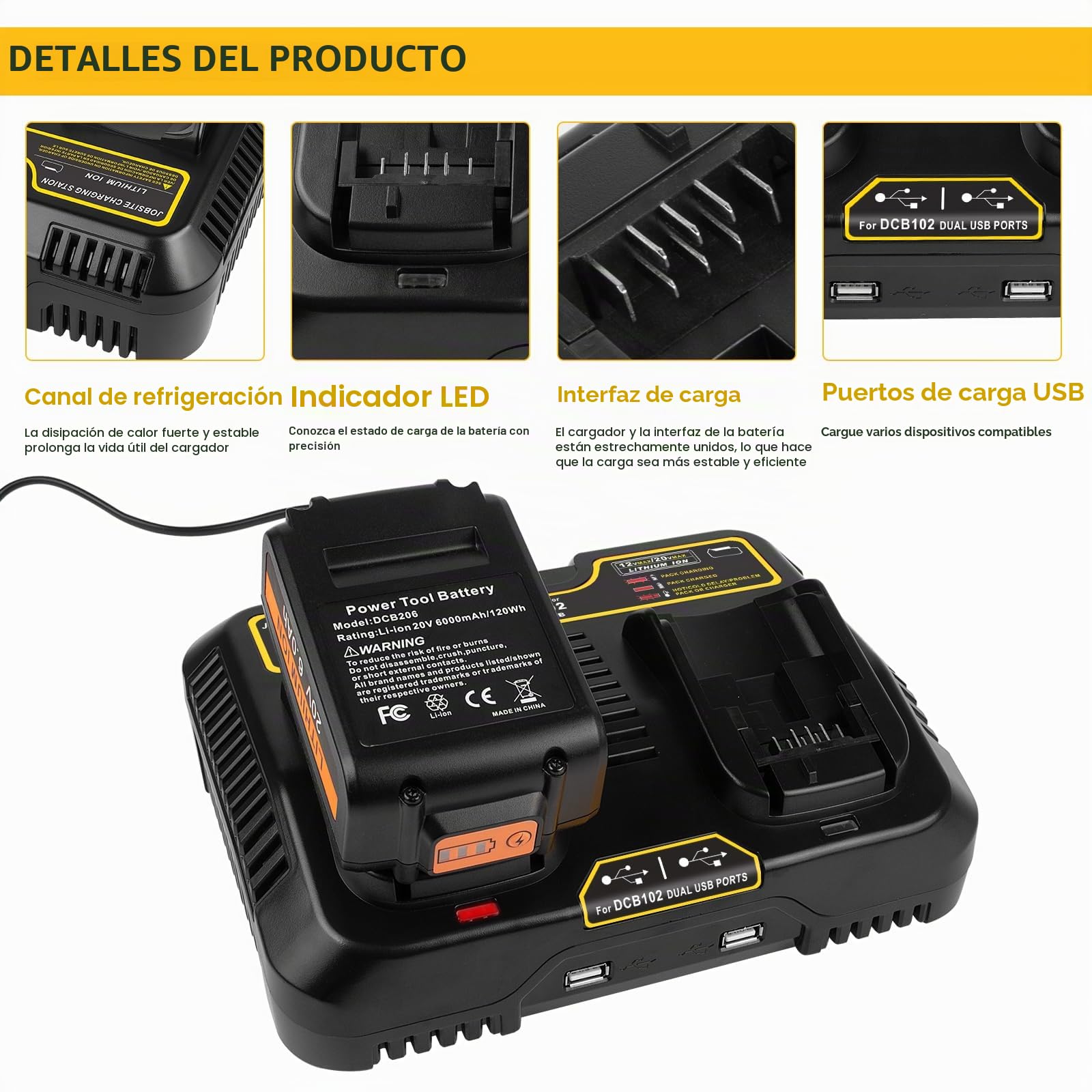 Cargador de batería KEATFE Dual 3 A 12 V-20 V Max Li-Ion para Dewalt 18 V DCB, cargador de repuesto para serie DCB, enchufe