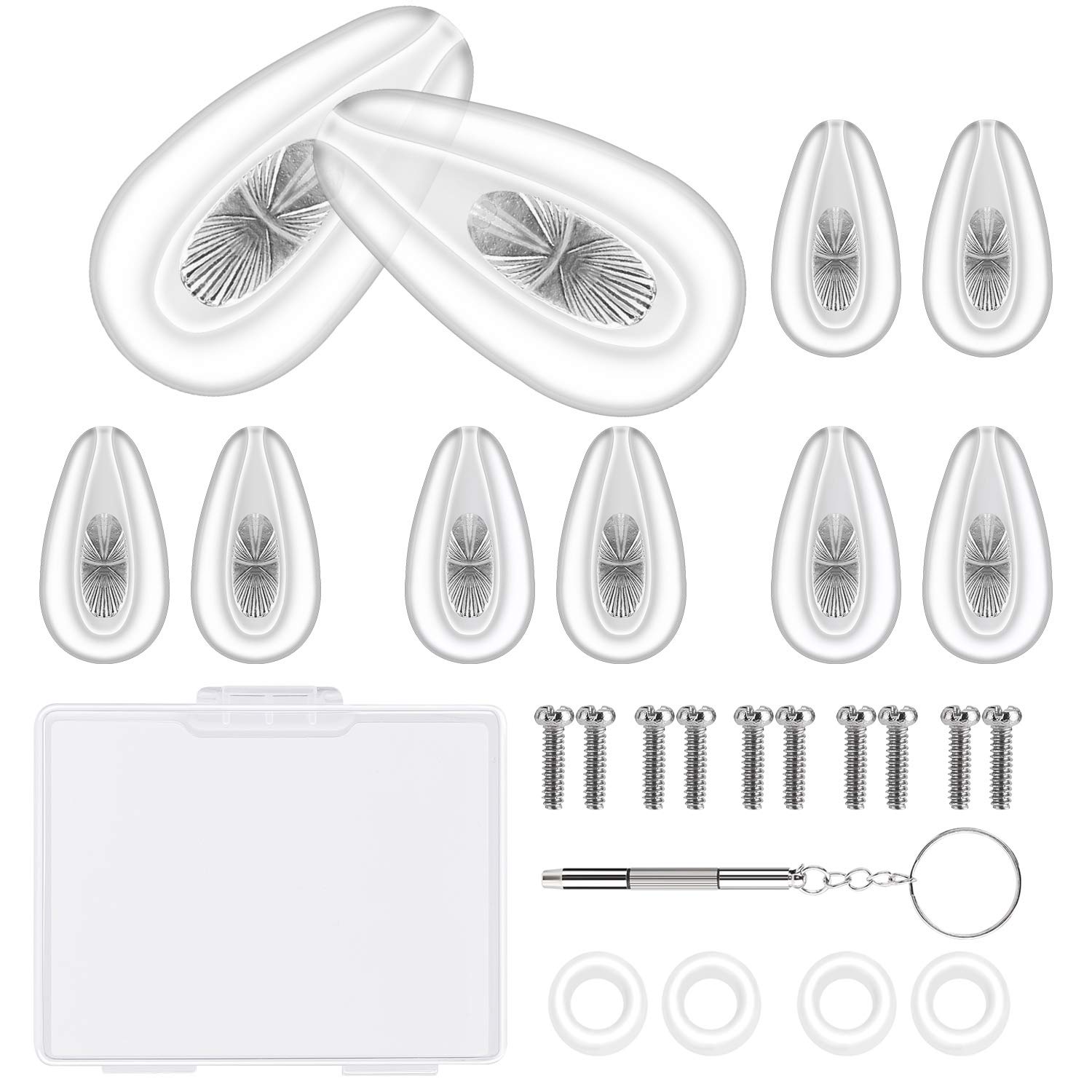 Eyeglasses Nose Pads and Eyeglasses Ear Grips Set, Upgrade Silicone Air Chamber Metal-Core Nose Pads Repair Kits with Glasses Holder, Screwdriver and Screw (Silver)