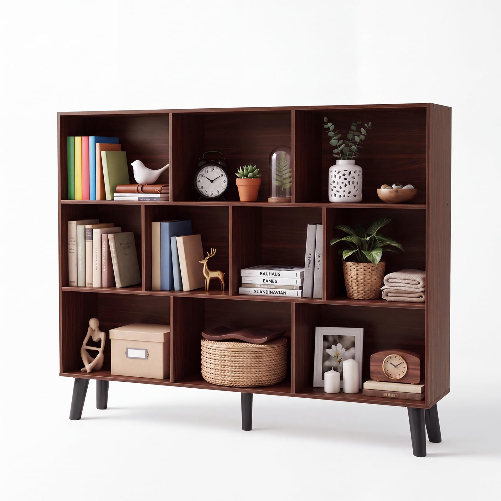 YAHARBO 10 Cube Large Bookshelf,3 Tier Bookcase with Legs,Walnut Mid-Century Modern Bookshelves,Wide Free Standing Open Storage Organizer Shelf,Tall Wooden Book Case Furniture for Living Room,Office