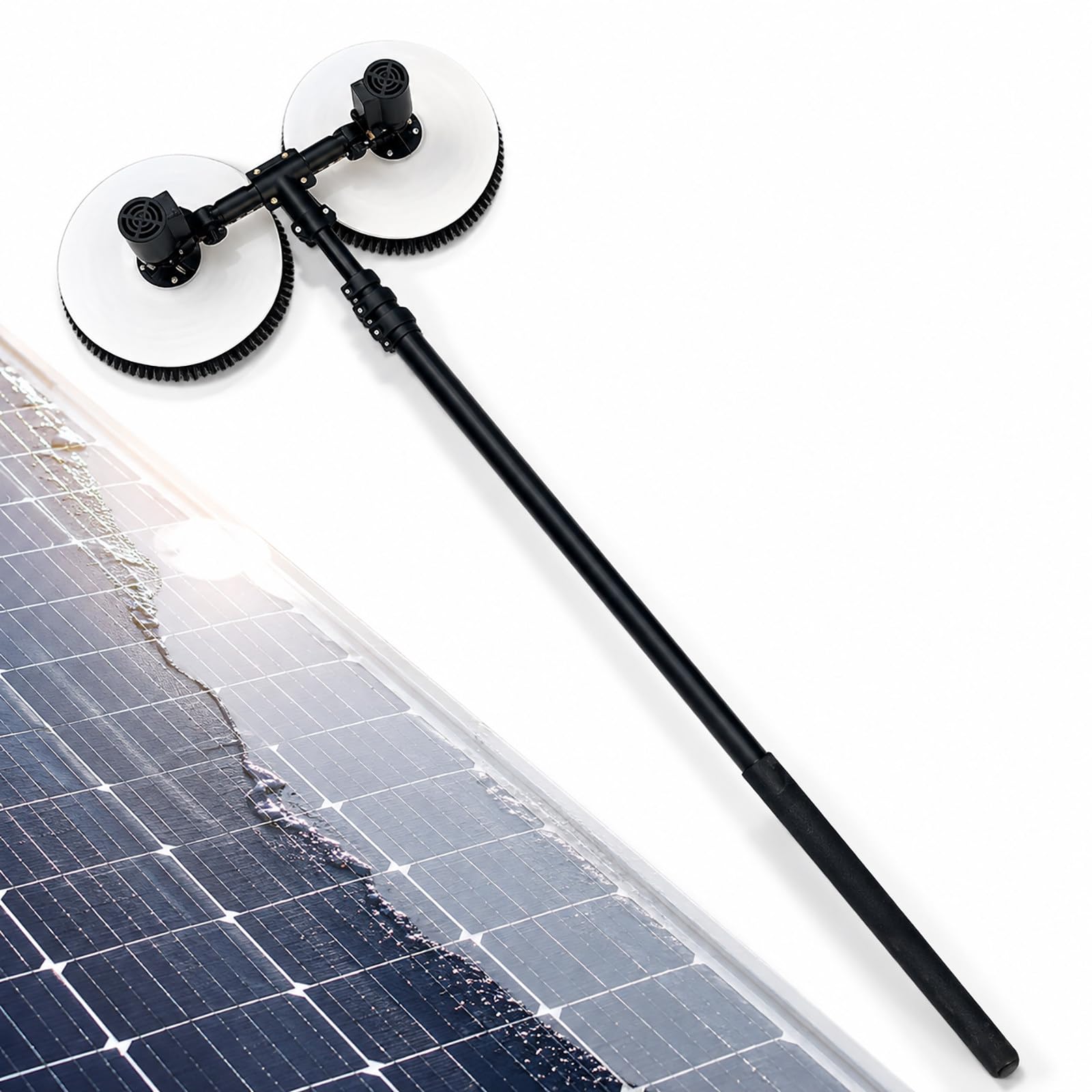 vnmudzeo Solar Panel Scrubber Brush with Pole – Electric Dual Head Rotary Cleaner, 380 RPM Water Fed PV Panel Cleaning Tool for Outdoor Surfaces 7.5m(24.6ft)