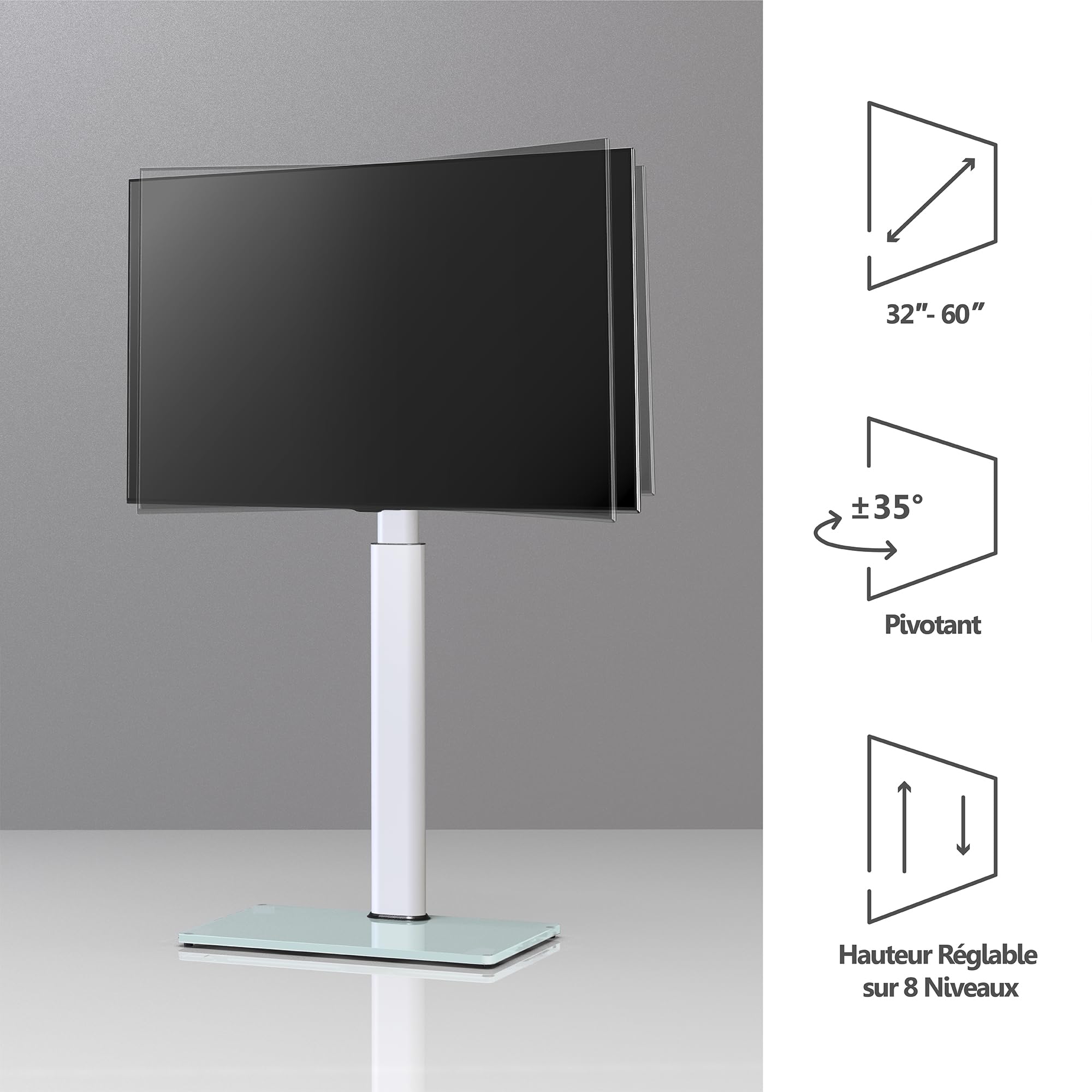 FITUEYES Support TV sur Pied pour TV de 32 à 60 Pouces, Pied TV Réglable en Hauteur jusqu'à 30 kg Max VESA 600 x 400 mm, Blanc