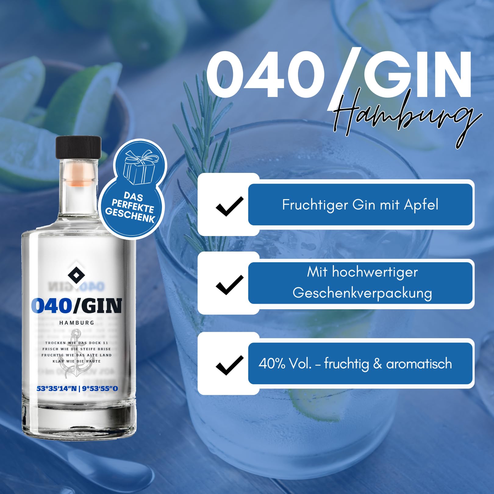 HSV 040 Gin mit Geschenkverpackung | Fanartikel, Fußball | Geschenkidee für echte Hamburger SV Fans, Männer, Frauen | Weihnachten, Hamburg |fruchtiger Gin des HSV | Einzelflasche 500ml | 40% vol.
