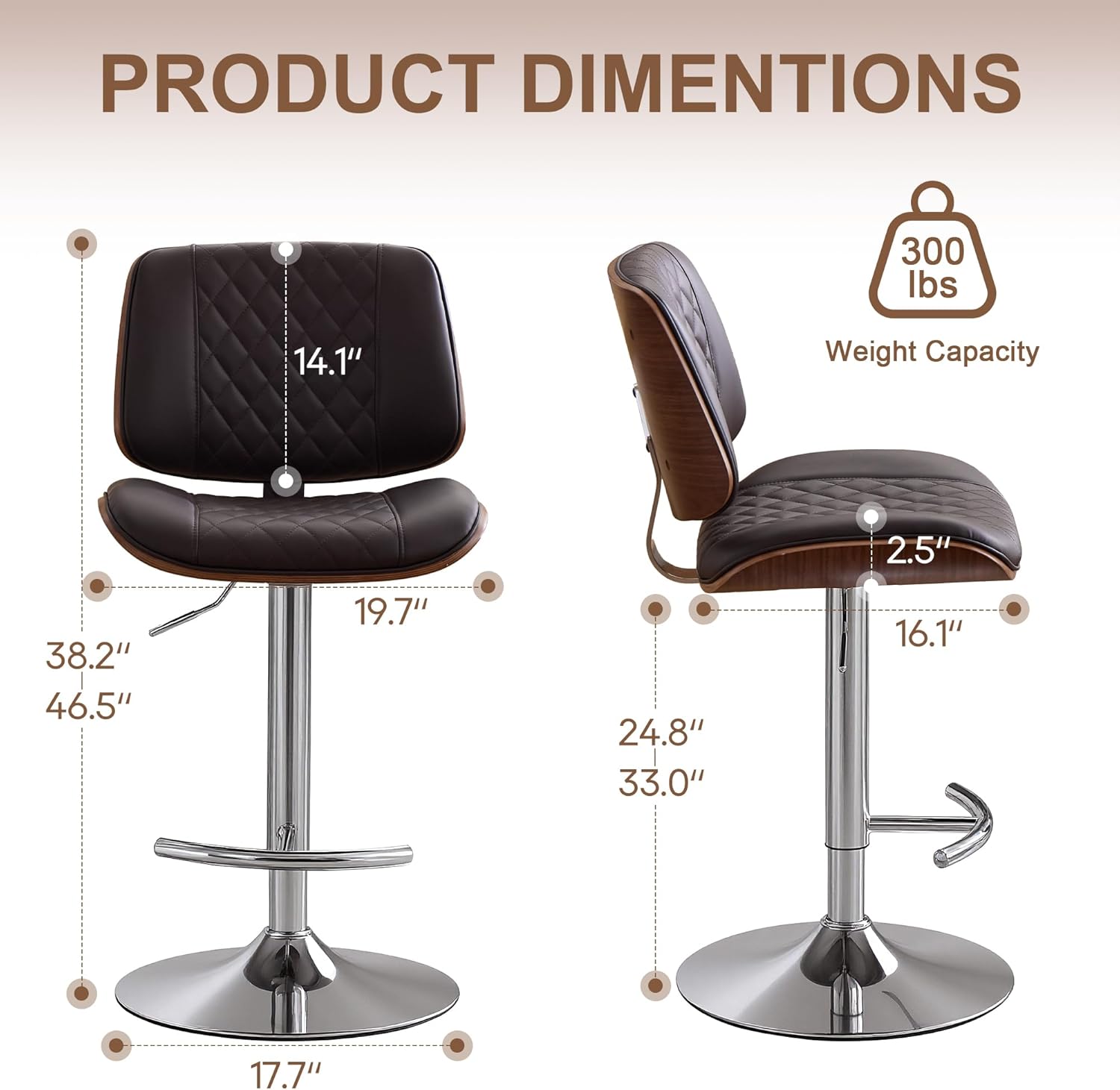 24" Bar Stools, Adjustable Swivel Counter Height Barstools with Bentwood Backs & Footrest, PU Leather Upholstered Bar Chairs for Kitchen Island, Dining Room, Cafe (PU Brown, Set of 3)