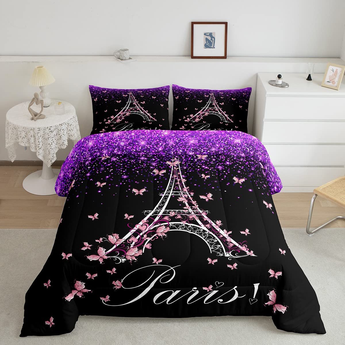 Feelyou Paris Bedding Set for Girls Teens,Eiffel Tower Comforter Set,Galaxy Gradient Purple Duvet Insert Lightweight,Romantic Paris Home Room Decor Collection 3Pcs Queen Size