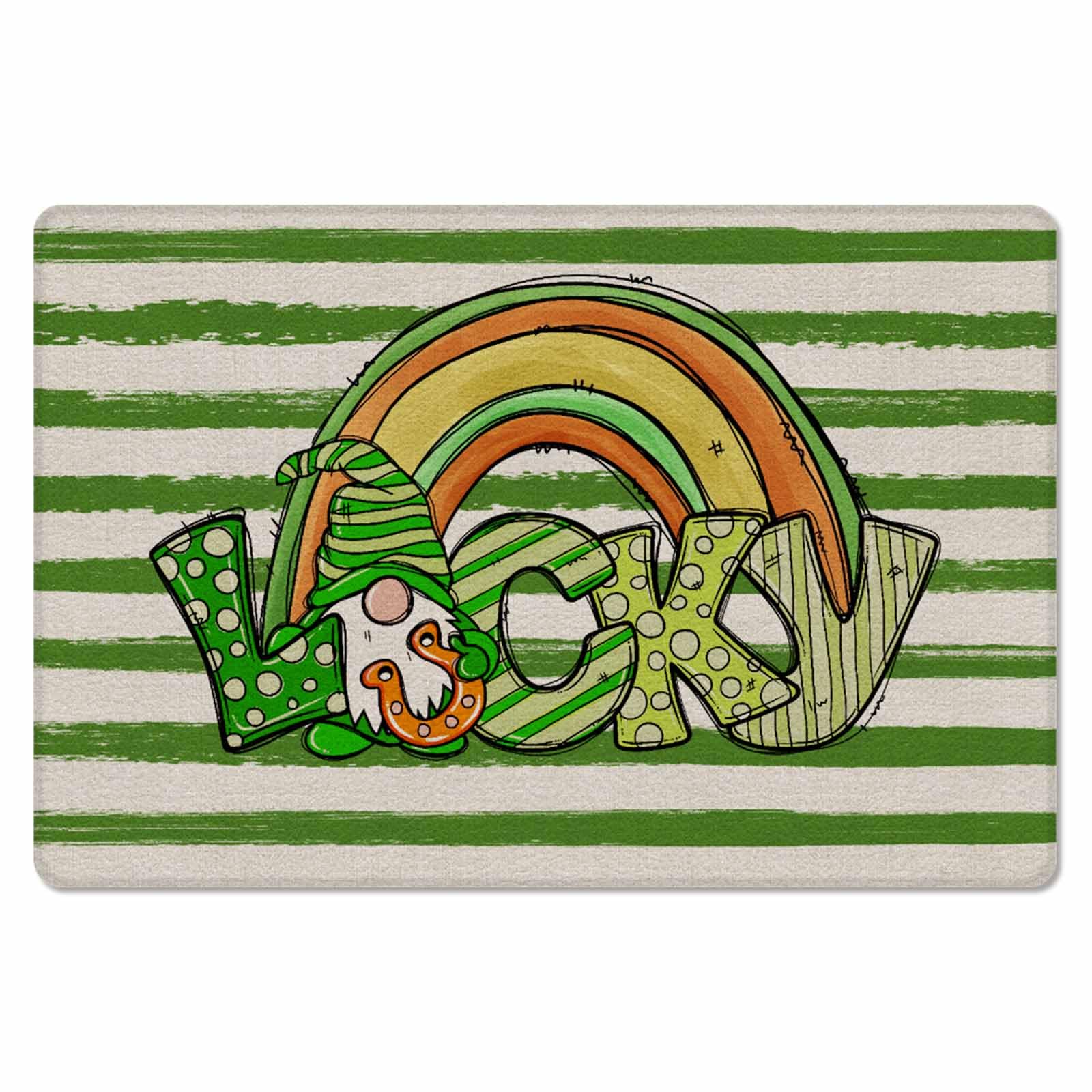 St. Patrick's Day Kitchen Bath Door Mat Cushioned Runner Rug,Washable Welcome Floor Sink Antifatigue Mat,Waterproof & Non-Slip Comfort Standing Doormat,Lucky Rainbow Gnomes Green Stripes 18