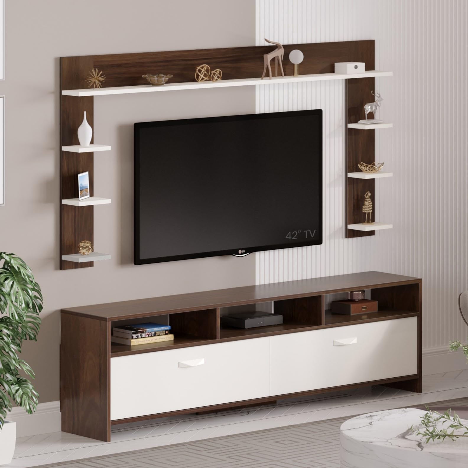 BLUEWUD Mannsae Plus Engineered Wood TV Entertainment Unit Set Top Box Stand/TV Cabinet with Shelves for Books & Décor Display Unit Bed Living Room Upto 65 Inches - DIY (Brown Maple & White)-image-18