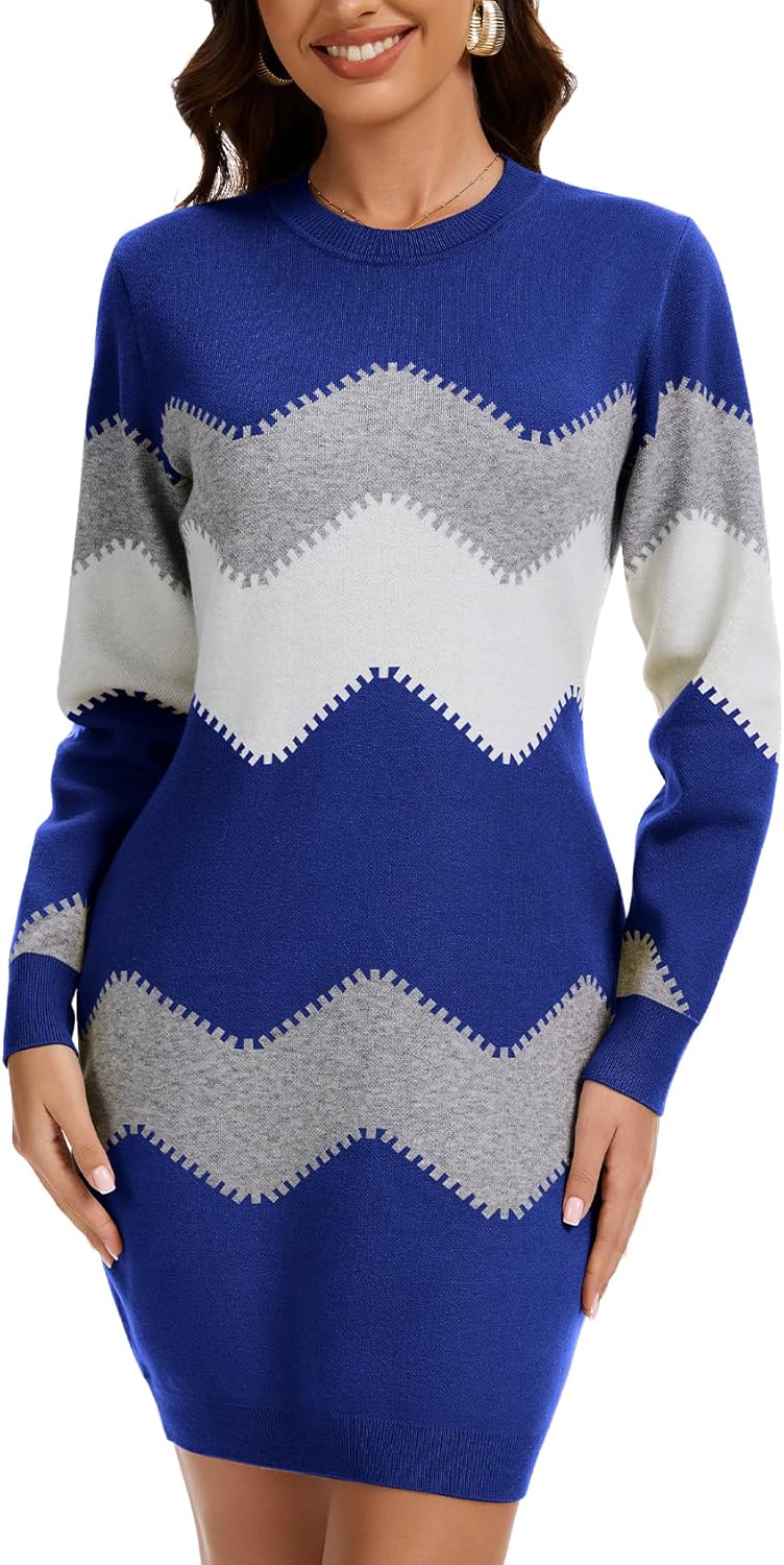 PEHMEA Women's Knitted Striped Bodycon Mini Sweater Dress Long Sleeve Crew Neck Fall Winter