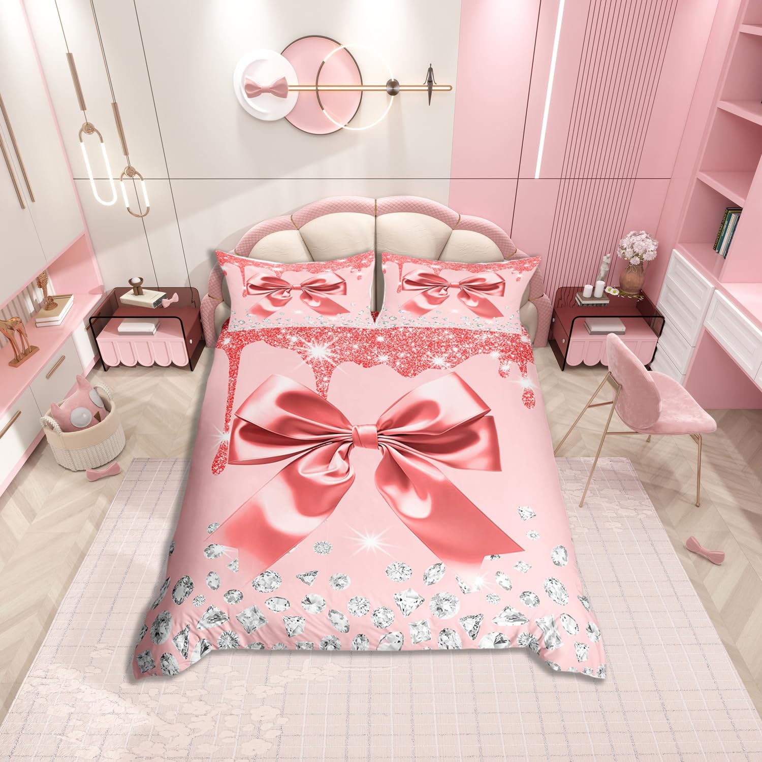 Watercolor Bow Bedding Set Single Size Kids Cute Bowknot Comforter Cover for Boys Girls Teens Coquette Bows Duvet Cover Breathable Soft Lightweight Dreamy Princess Style Room Decor Light Pink Silver