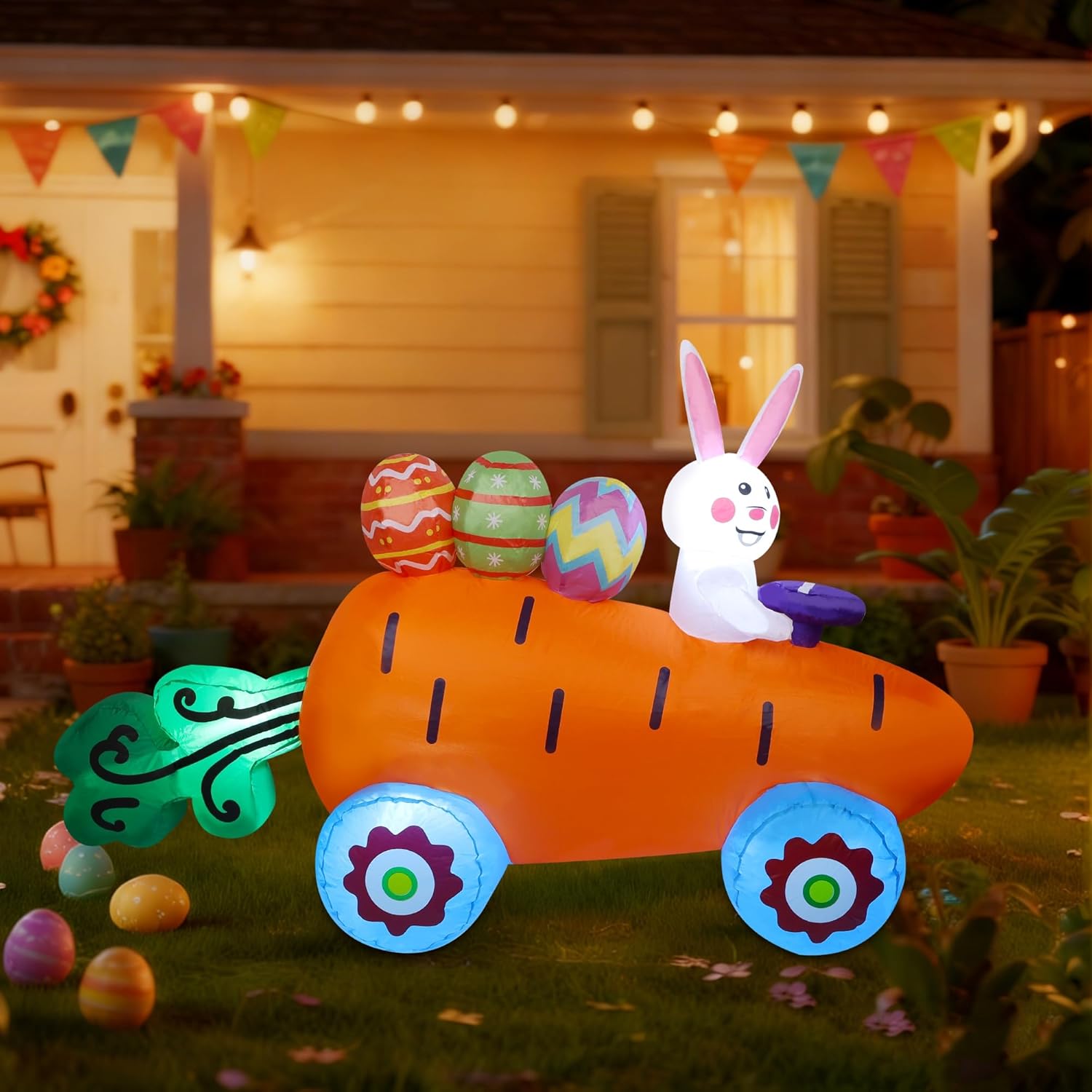 Easter Inflatables Outdoor Decorations, 6 FT Long Inflatable Bunny on Carrot Cart with Easter Eggs, Easter Blow up Yard Decorations for Indoor Outdoor Garden Lawn Holiday Party Decor - Image 5