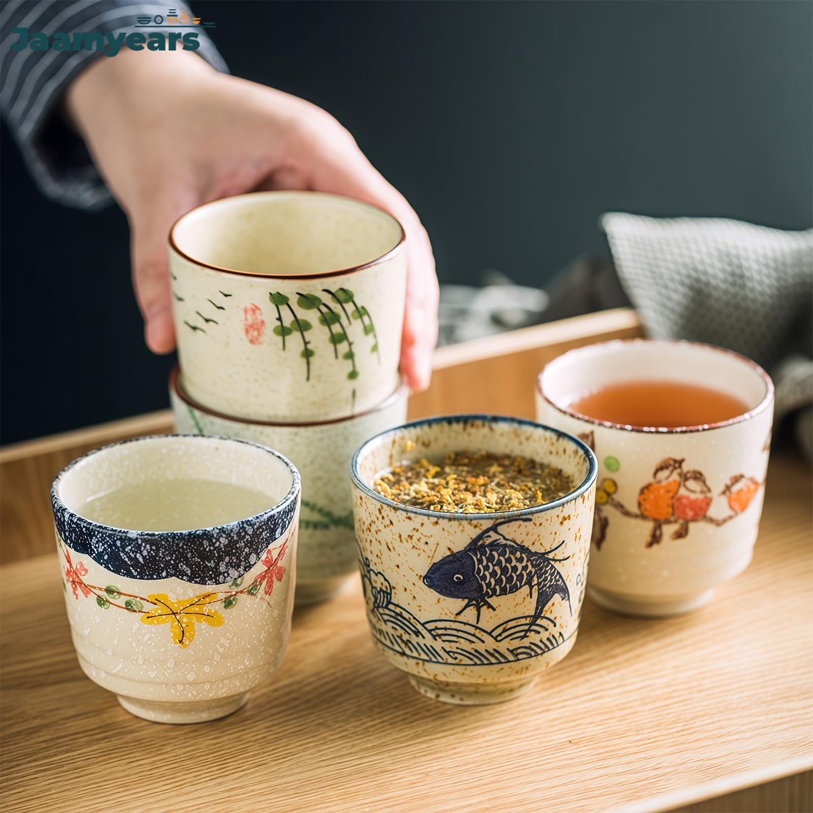 Ceramiczny zestaw 4 filiżanek do herbaty, japoński styl, 170 ml, elegancki design do gorących i zimnych napojów, idealne do domu i na przyjęcia herbaciane