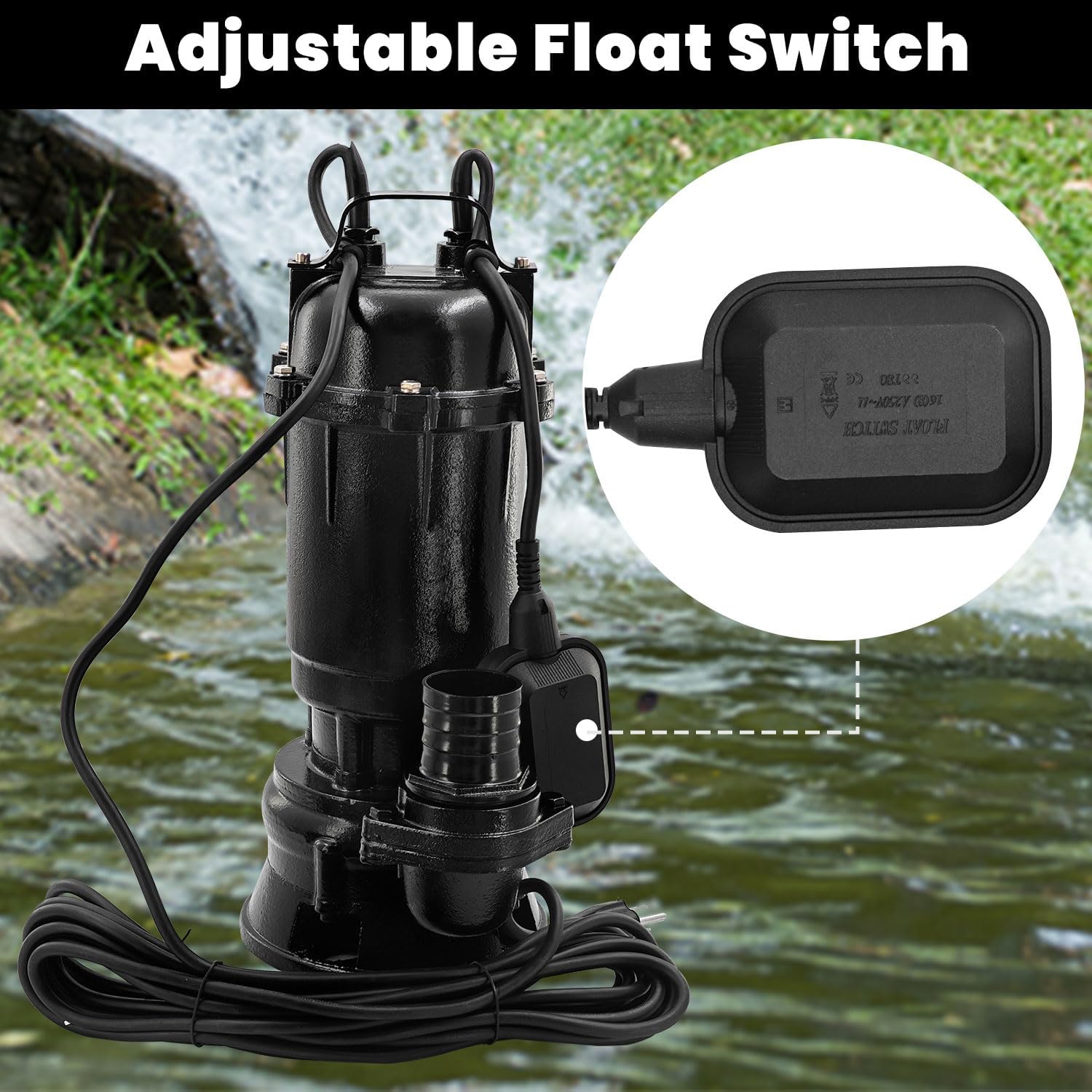 2HP 110V Submersible Sump Pump, 6498GPH Cast Iron Sewage/Effluent Pump 1500W w/66ft Hose and Automatic Float Switch, For Basement Sump and Sewage Well, 2 inch Discharge