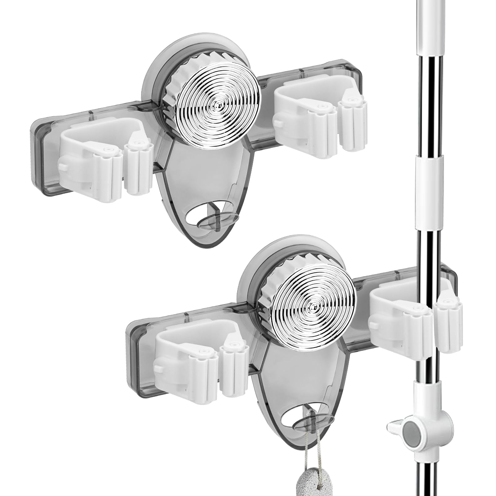 LELE LIFE 2 Pack Broom Holder Mop Hanger - Strong Suction Cup - No Drill Removable Broom Organizer Rack Wall Mount with Hooks for Bathroom Kitchen Garage, Clear Grey