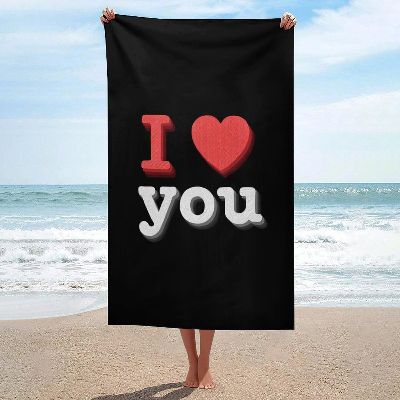 asbwuo Text I Love You with A Heart on Black Beach Towel