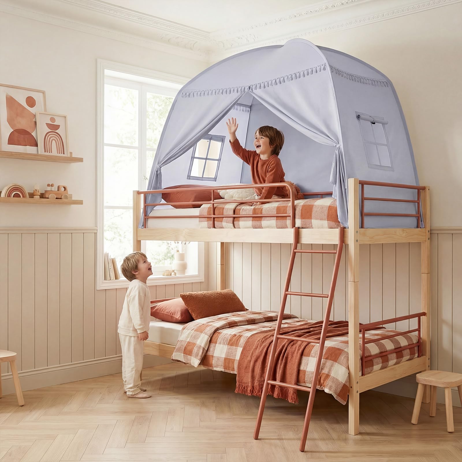 Tienda de Cama para Niños, Suelo Cama Niños Cueva, Interior Casa de Juegos, Portátil y Plegable, Cama Doble Litera, Cortinas, Tamaño Grande, Niñas y Niños