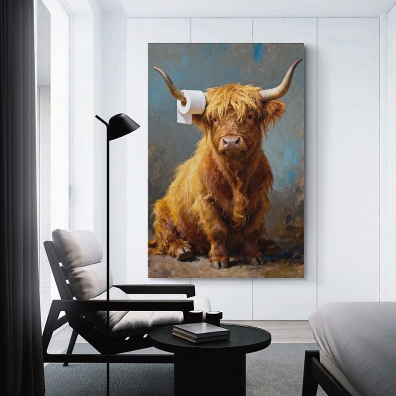 Junmoney Unframe-Style-11-1 Wall Art Print Highland Cow With Toilet Paper, 16X24inch(40X60cm), For Contemporary Homes, Apartments Or Offices, An Easy Choice For New Home Styling