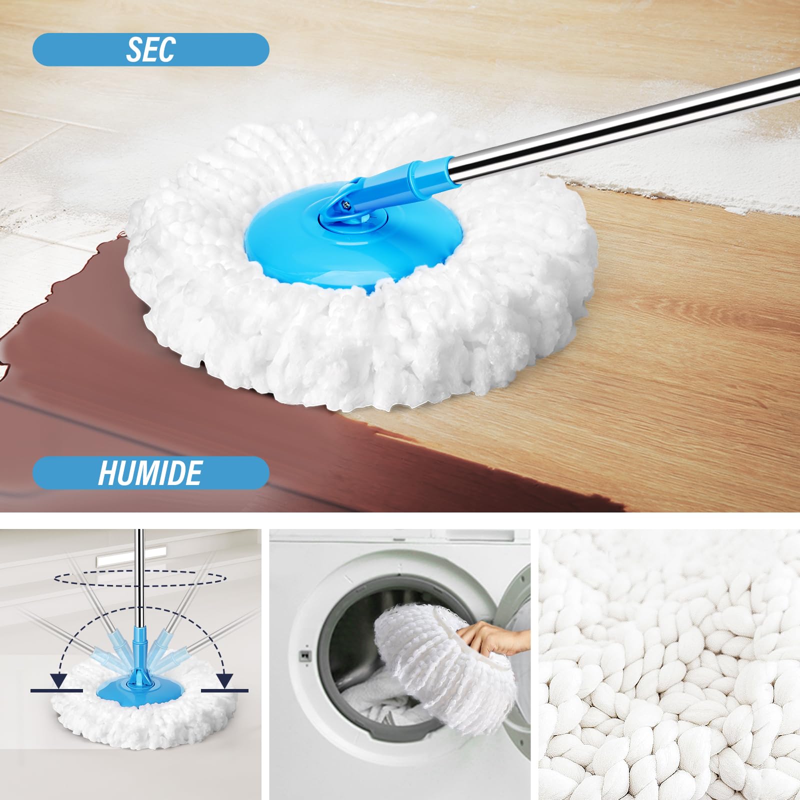 HEVOL Set de Serpillière avec Seau pour Le Nettoyage Sol, Seau Essoreur à Pédale et Balai à Franges en Microfibre, Serpillère Rotative 360° et 5 Tampons pour Le Nettoyage Sol, Carrelés, Bleu Pâle