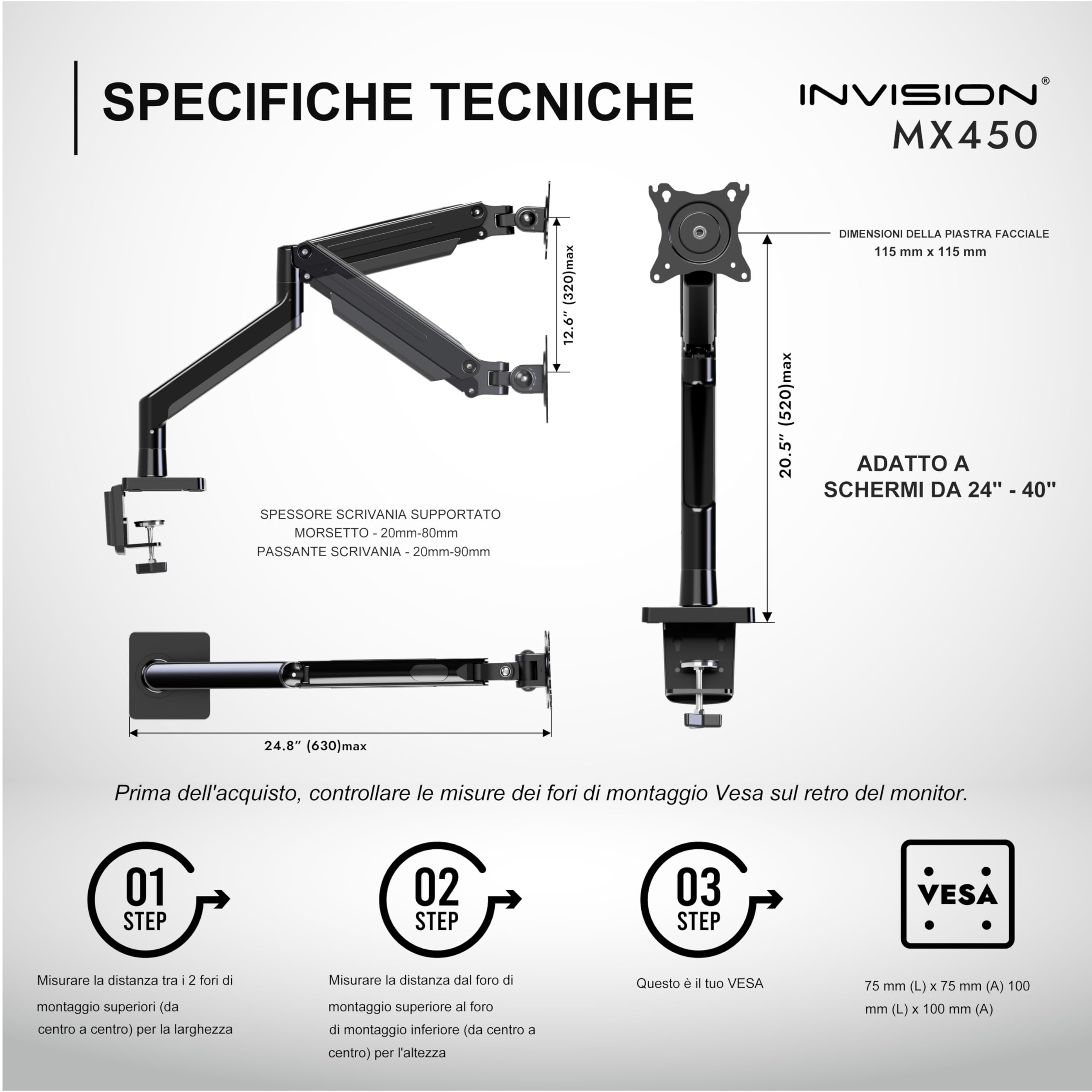 Invision Supporto Braccio Monitor per Schermi 24-40 pollici Morsetto Tavolo Ergonomico Regolabile in Altezza VESA 75-100mm 2-15kg (MX450)