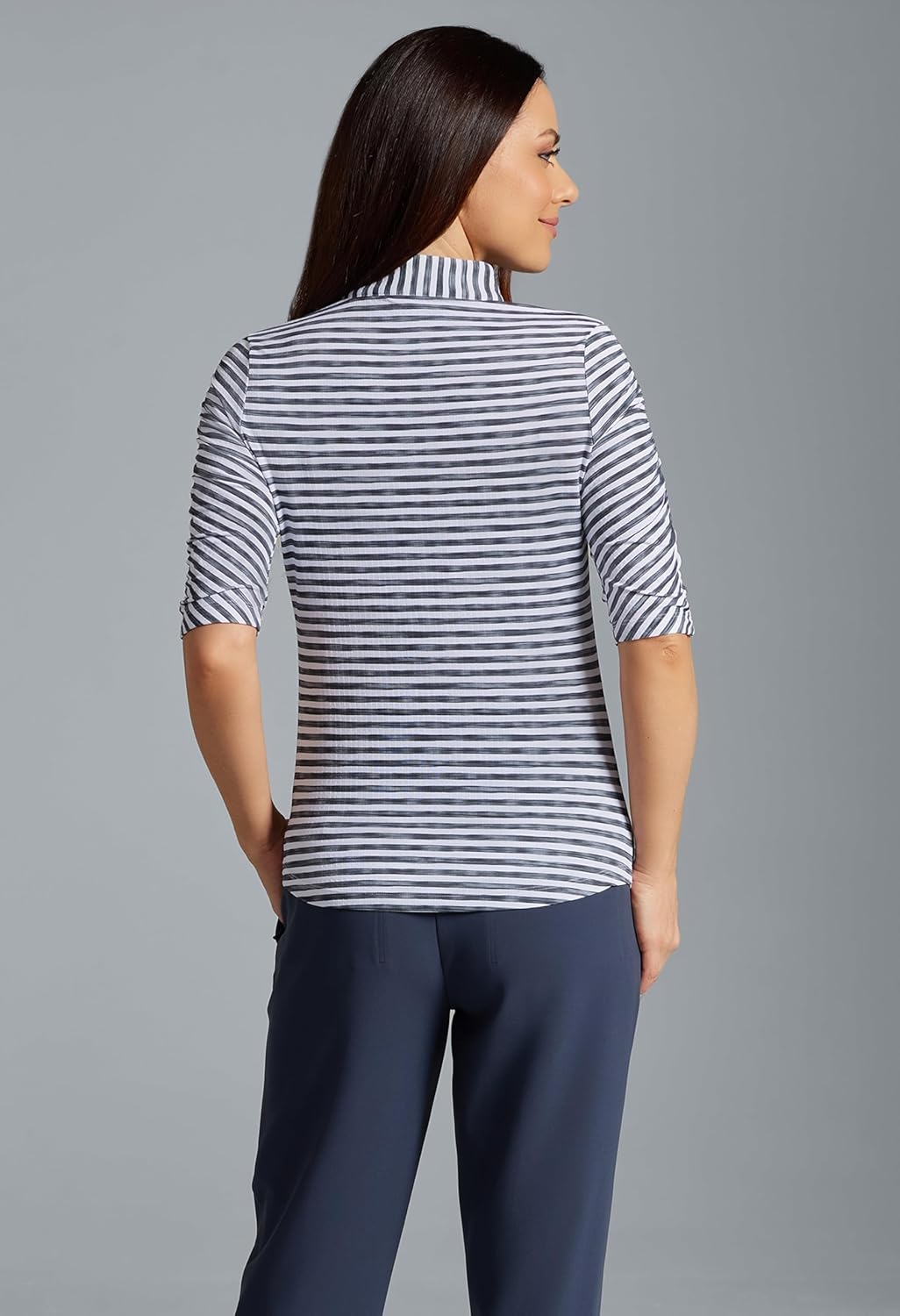 IBKUL Athleisure Wear Sun Protective UPF 50+ Icefil Cooling-Landon Stripe II Print Ruched Elbow Sleeve Top-41164 - Image 2