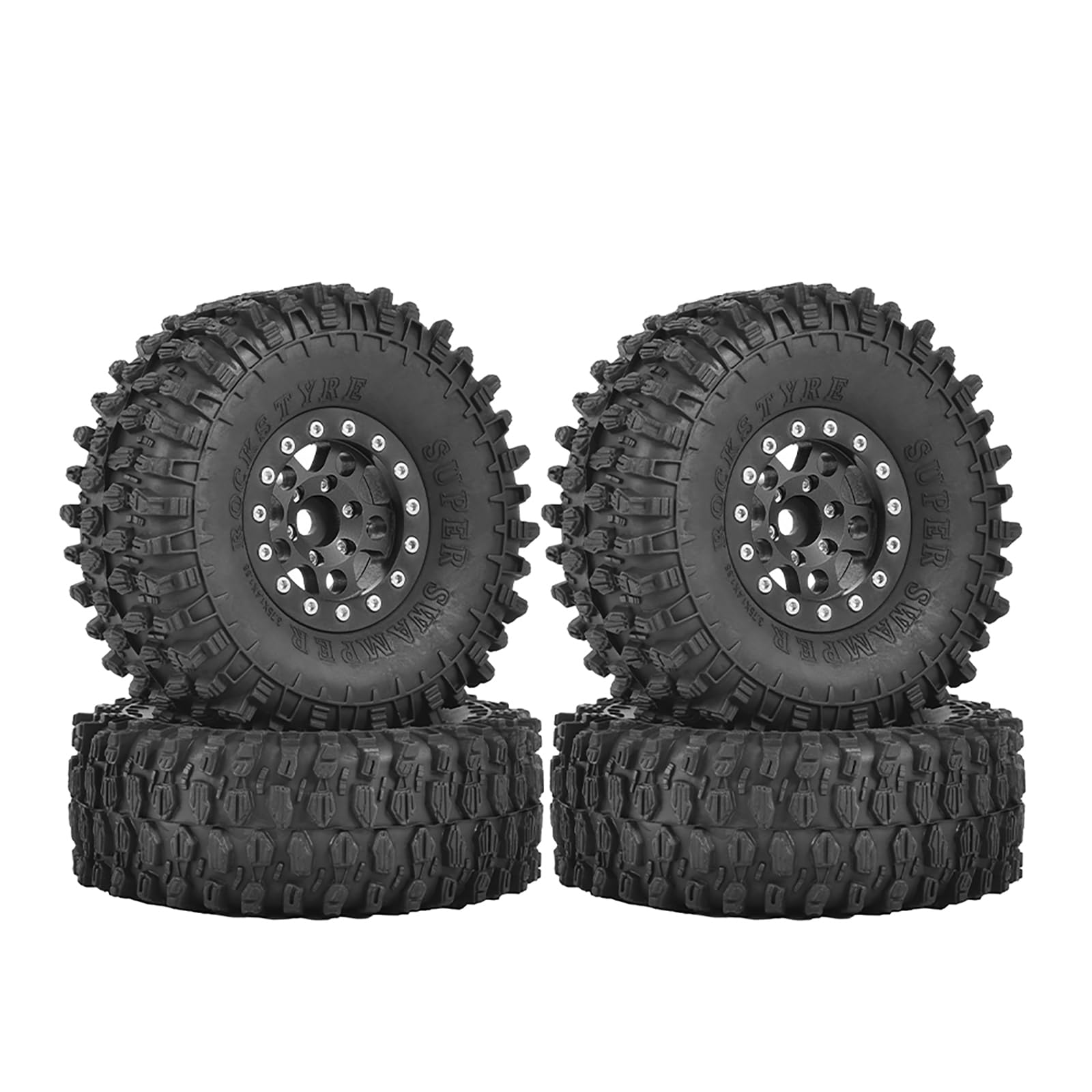 KINGCOO 4PCS 1.55Inch Aluminum Alloy Metal 5Spoke Beadlock Wheel Rims and Rubber Tires Set for 1/10 RC Rock Crawler Car for Axial AX90069 UTB18 D90 TF2 Tamiya Upgrade Parts (Black, 95MM-A)