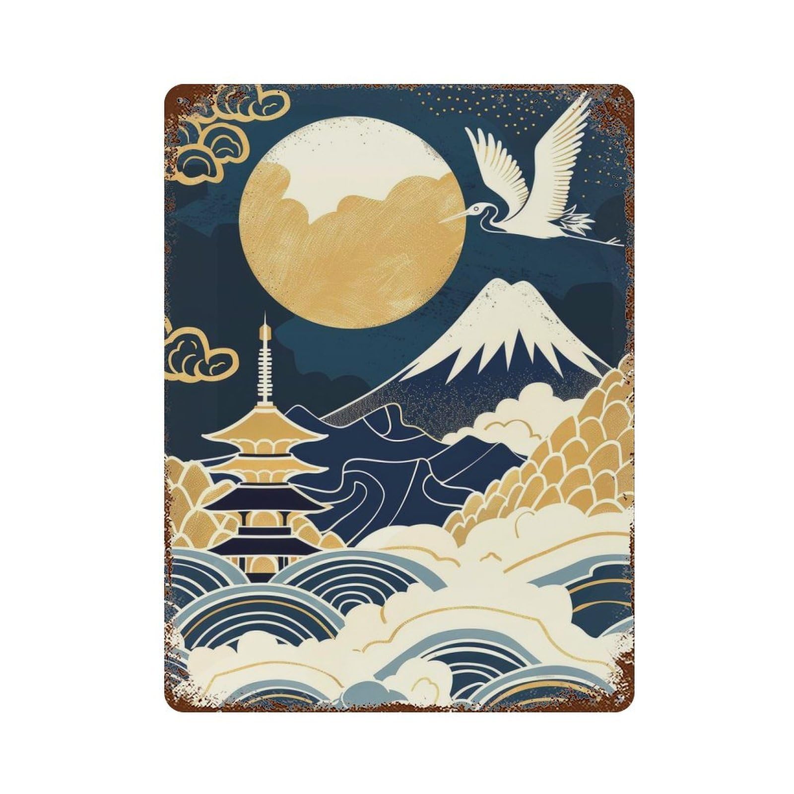Japanese Landscape with Crane And Pagoda Rusty Metal Tin Sign 15.7"x11.8", Ideal for Pub, Kitchen And Man Cave Decor