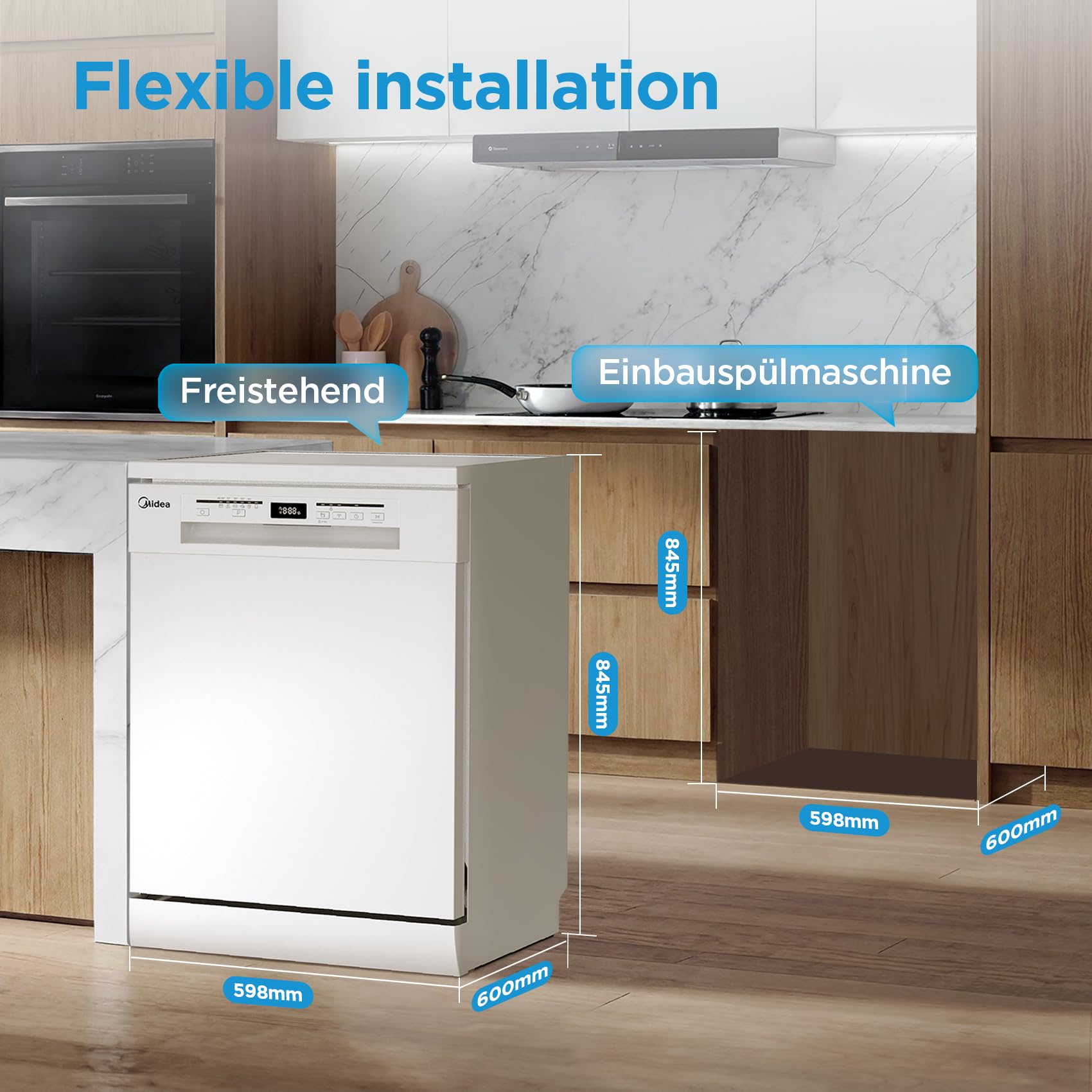 Midea SF 5.60NW14C Lavavajillas 60 cm Independiente y Bajo Encimera, 14 MGD, Cuidado de la Higiene +, Lavado por Zonas, 7 Programas, Lavavajillas 60 cm con WiFi, Inicio Retrasado