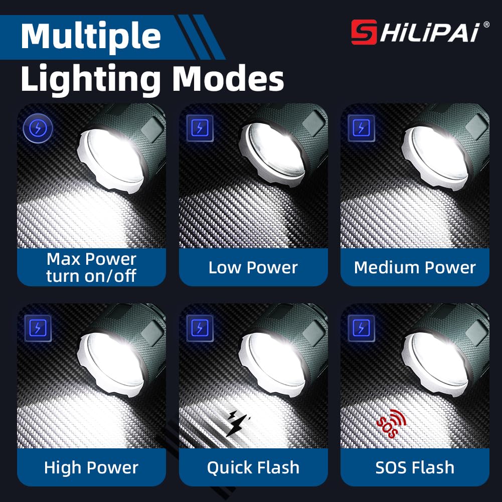 SHiLiPAI 800 Lumens LED Flashlight - High Power Tactical Light, 5 Modes, IP55 Waterproof, Rechargeable - View #9