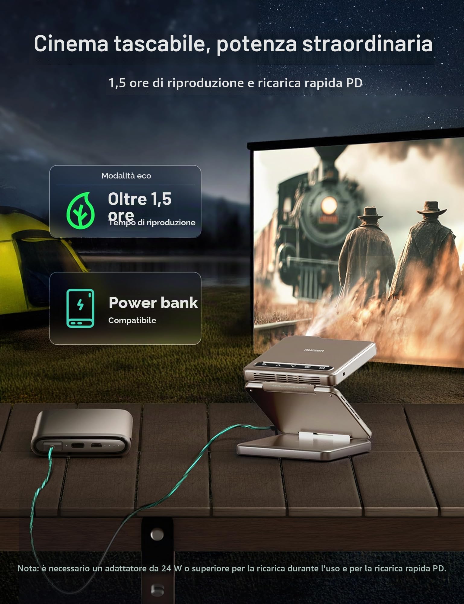 Aurzen ZIP Tri-Fold Mini Proiettore, 4K Supportato Smart Proiettore Tascabile Portatile, Messa a Fuoco Automatica & Correzione Keystone, 5000mAh, Bluetooth 5.4, per Smartphone/HDMI/USB - Oro