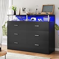 Vista 8 de AOGLLATI Cómoda blanca para dormitorio con diseño de columna, cómoda de 4 cajones con estación de carga, cómoda moderna led alta para dormitorio