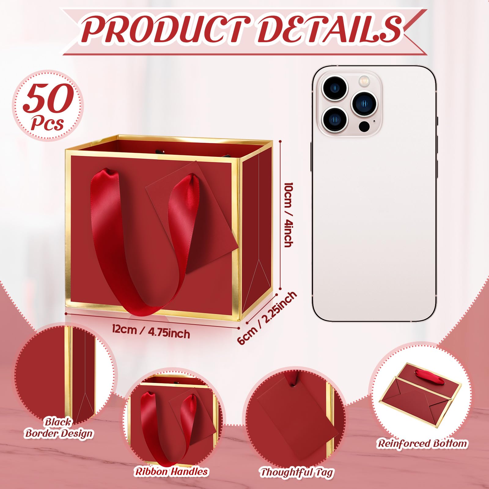 Yeaqee 50 Pcs Mini Metallic Paper Gift Bags with Handle 4.75x2.25x4'' Small Gift Bag DIY Tag Thank You Party Favor for Graduation Father's Day Wedding Baby Shower Birthday Jewelry (Burgundy Red,Gold)