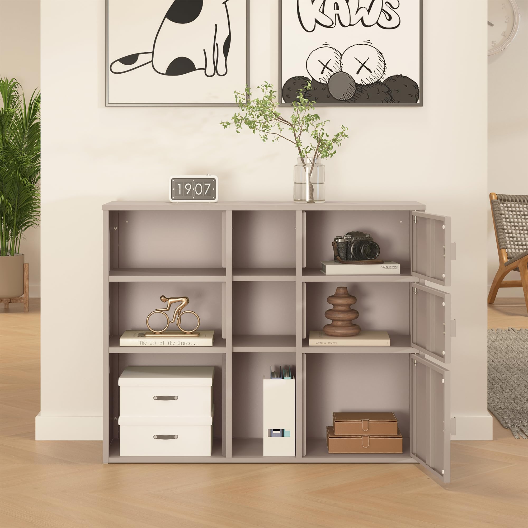 [en.casa] Mobile Contenitore da Ufficio in Acciaio Armadio Portadocumenti con 6 Vani Aperti e 3 Scomparti Chiusi da Ante Scaffale Archivio per Studio Ingresso 100 x 32 x 81 cm - Color Cammello