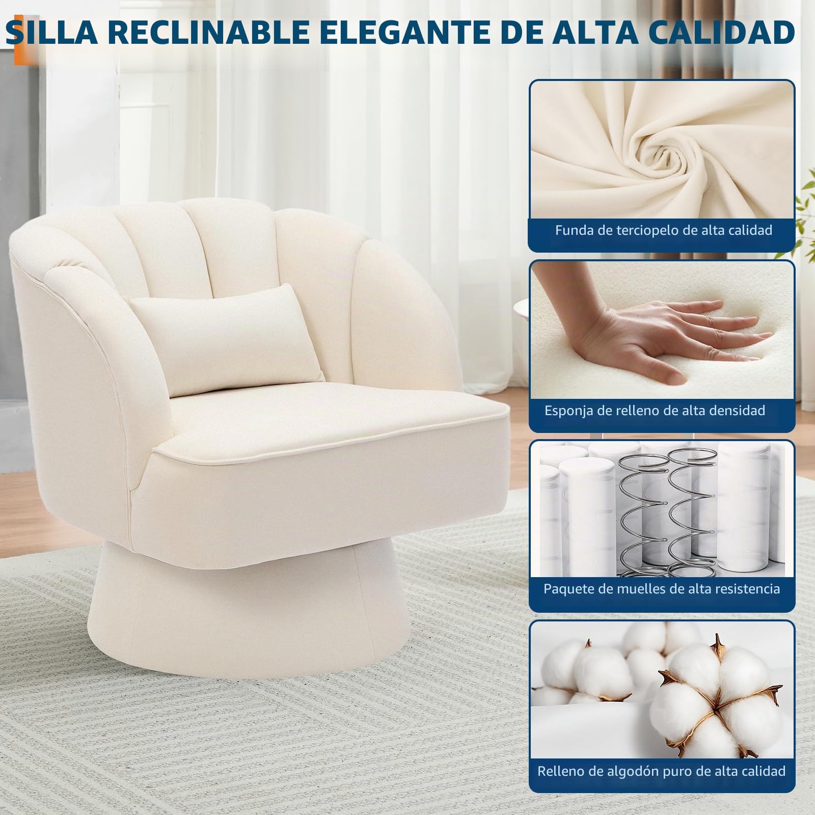 Sillón giratorio con cojín de terciopelo y respaldos, sillón redondo de salón 360°, con cojín grueso y base estable para salón, dormitorio, oficina en casa (70 x 70 x 70 cm, blanco)