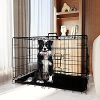 FLEXIMOUNTS 42 inch Double Door Folding Metal Wire Dog Crate with Divider and Tray,Kennel Cage for Puppy to Adult,Leak-Proof & Portable Indoor Outdoor Kennel, Black