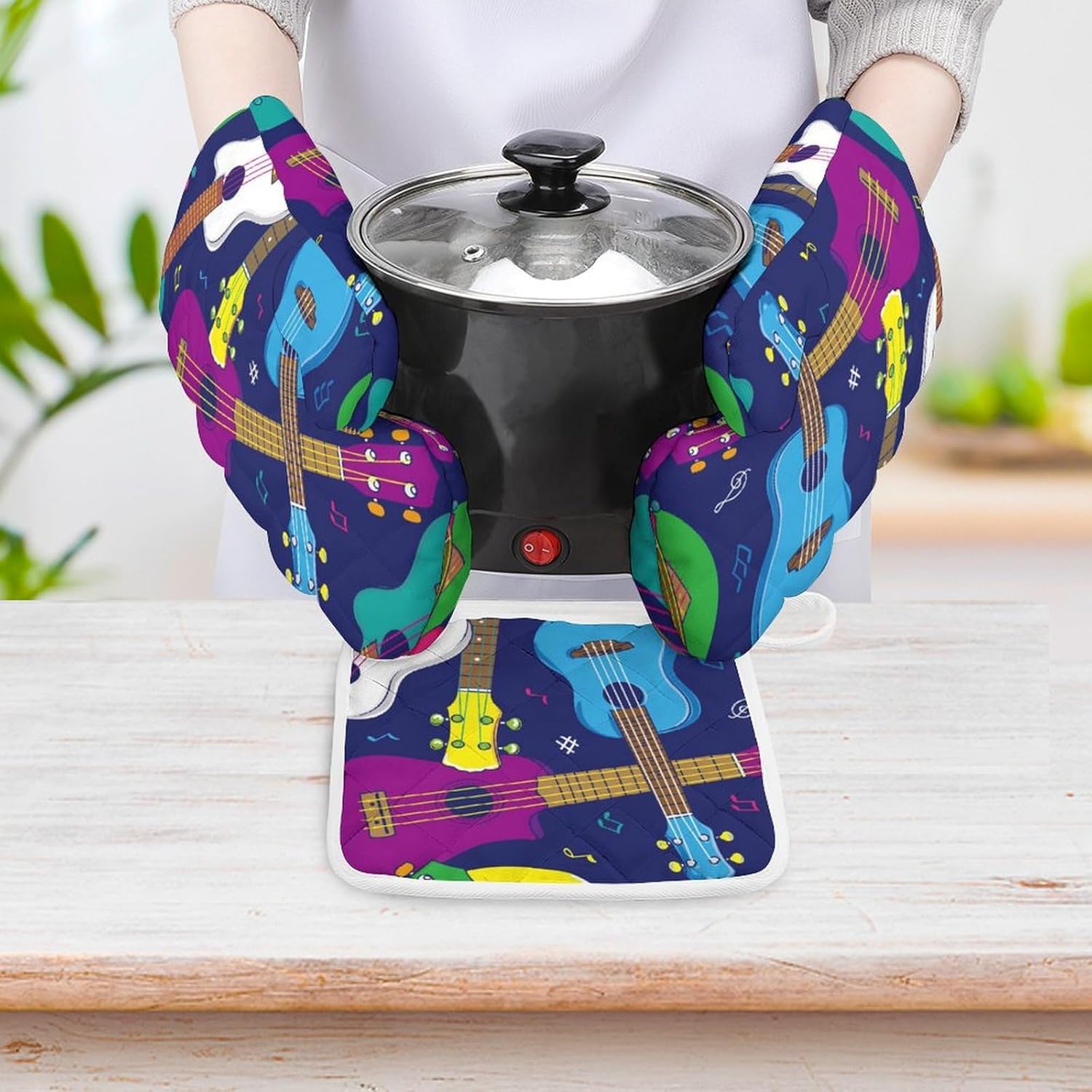 Hawaiian Beginner Ukulele Print Oven Mitts and Pot Holders 3 Piece Sets Heat Resistant Gloves Hot Pads Potholders for Kitchen Baking Cooking