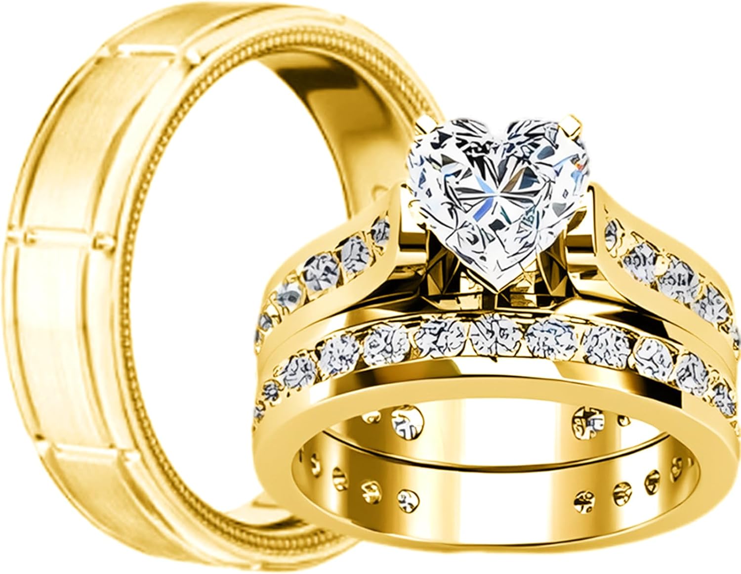 Real 10K 14K 18K Gold Couple Ring Set, 3PCS Heart-shaped Moissanite Couple Ring Sets for Men and Women, Matching Wedding Band Promise Rings for His and Her