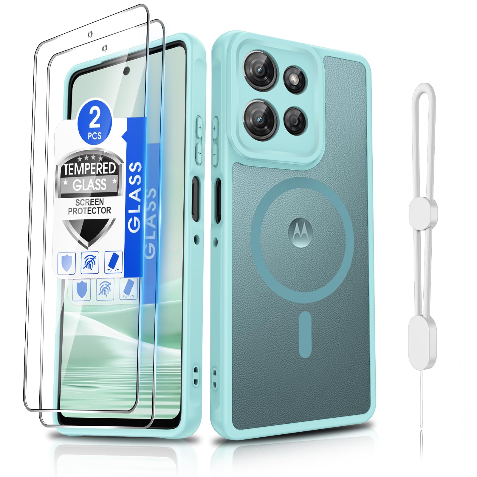Dizn Magnetic for Moto G Power 2025/2026 Case with Tempered Glass Screen Protector,Compatible with MagSafe Wireless Charging,with Strap,Matte Translucent Funda for Motorola G Power 25/26, Mint