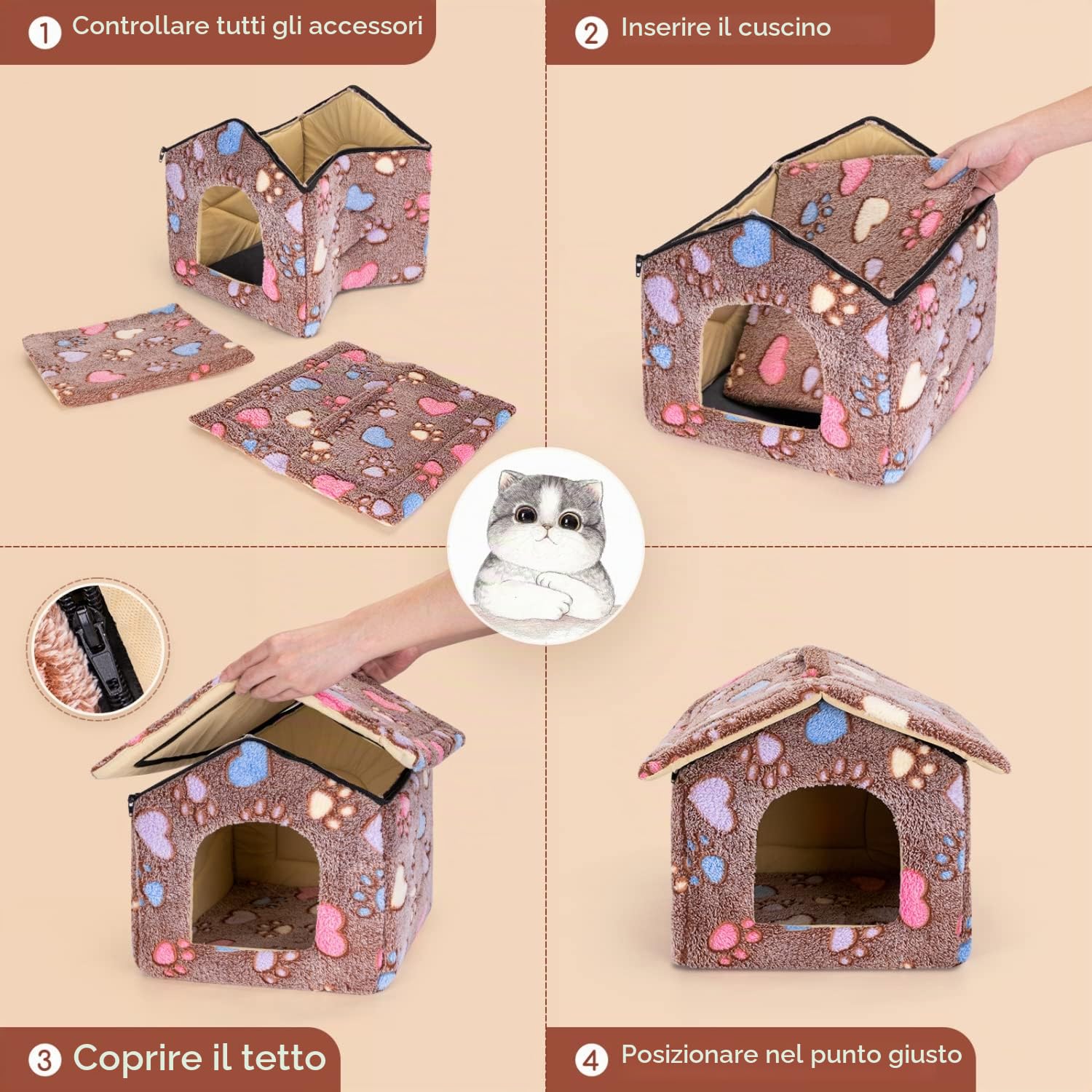 Nobleza Casetta per cani, Cozy Cuccia per Gatti e Cani Tetto asportabile Pieghevole Cuccia Gatto Chiusa Interno con materasso rimovibile 53x50x43cm L, Morbido Caldo e Lavabile Marrone
