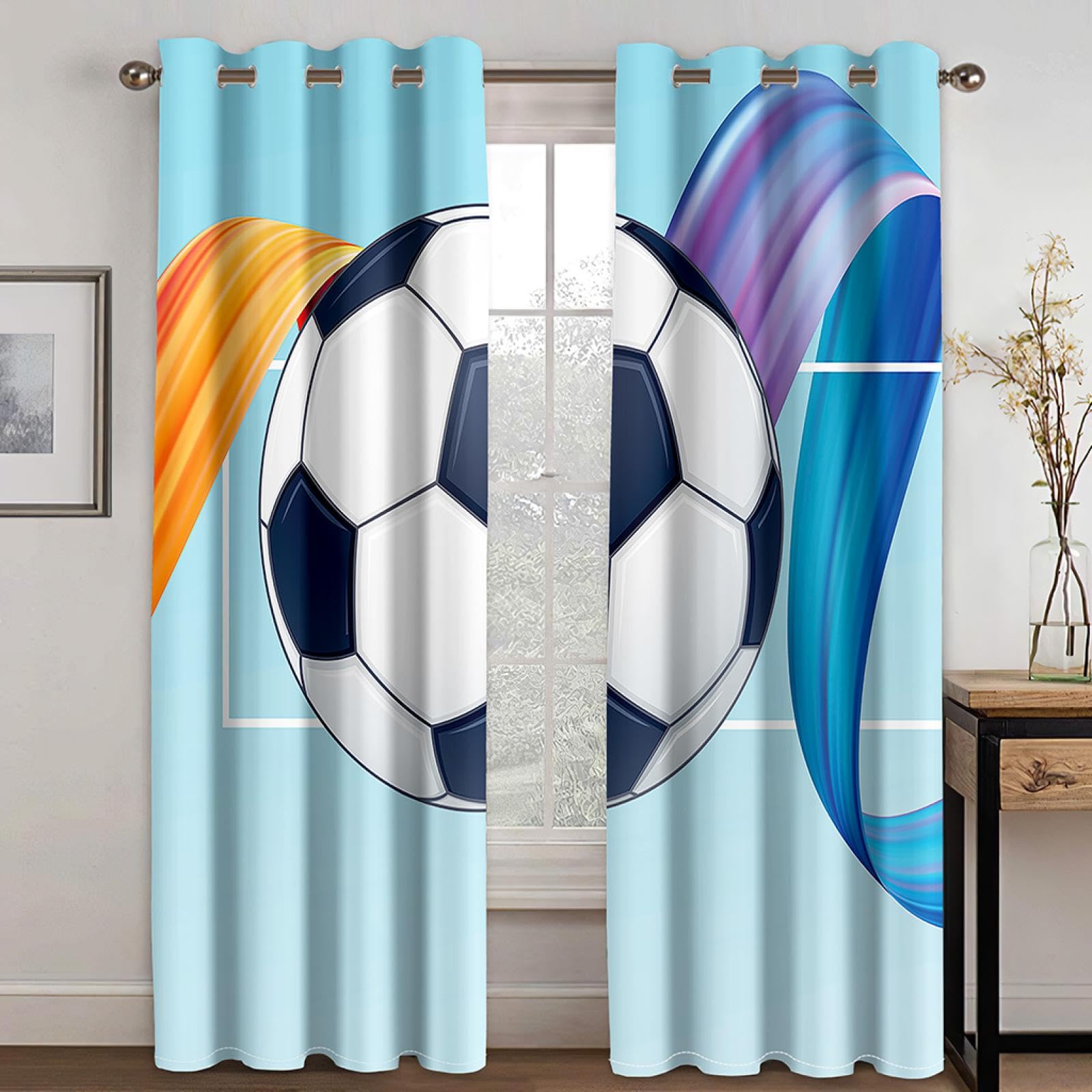 Exquisite Schlafzimmervorhänge mit Ösen, Blaue Fußball-Kunstbänder, 280 x 300 cm, Akustik-Verdunkelungsvorhänge, 3D-Druckvorhänge, Blickdichte Perforierte Vorhänge, Vorhänge für Wohnzimmer, Schlafzimm