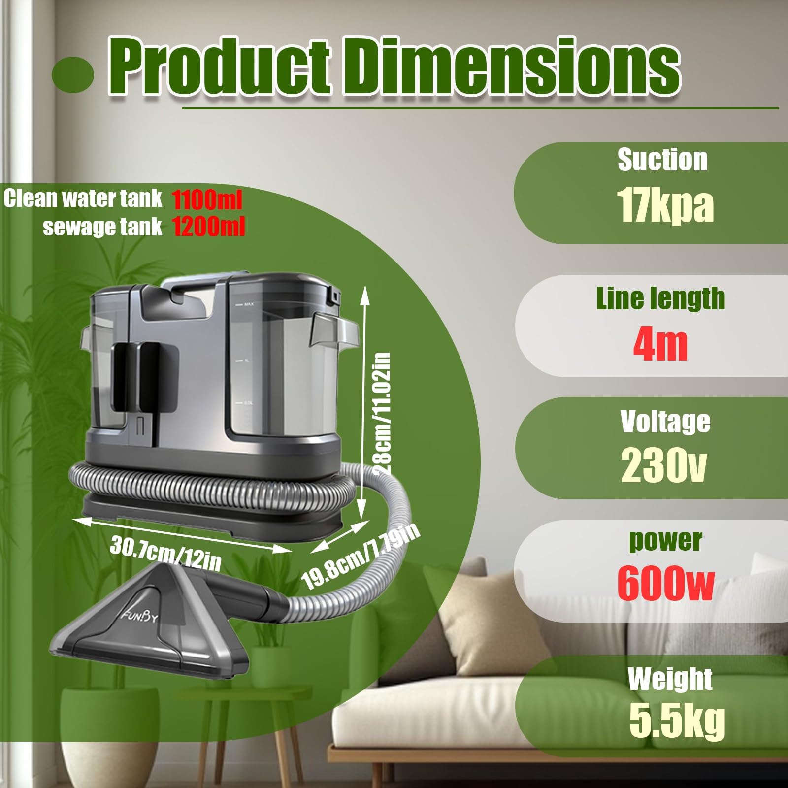 Limpiador de alfombras de 17 kpa, motor de 600 W, manguera autolimpiante, tanques duales, ideal para colchones, manchas difíciles, alfombras y telas para el hogar, diseño portátil
