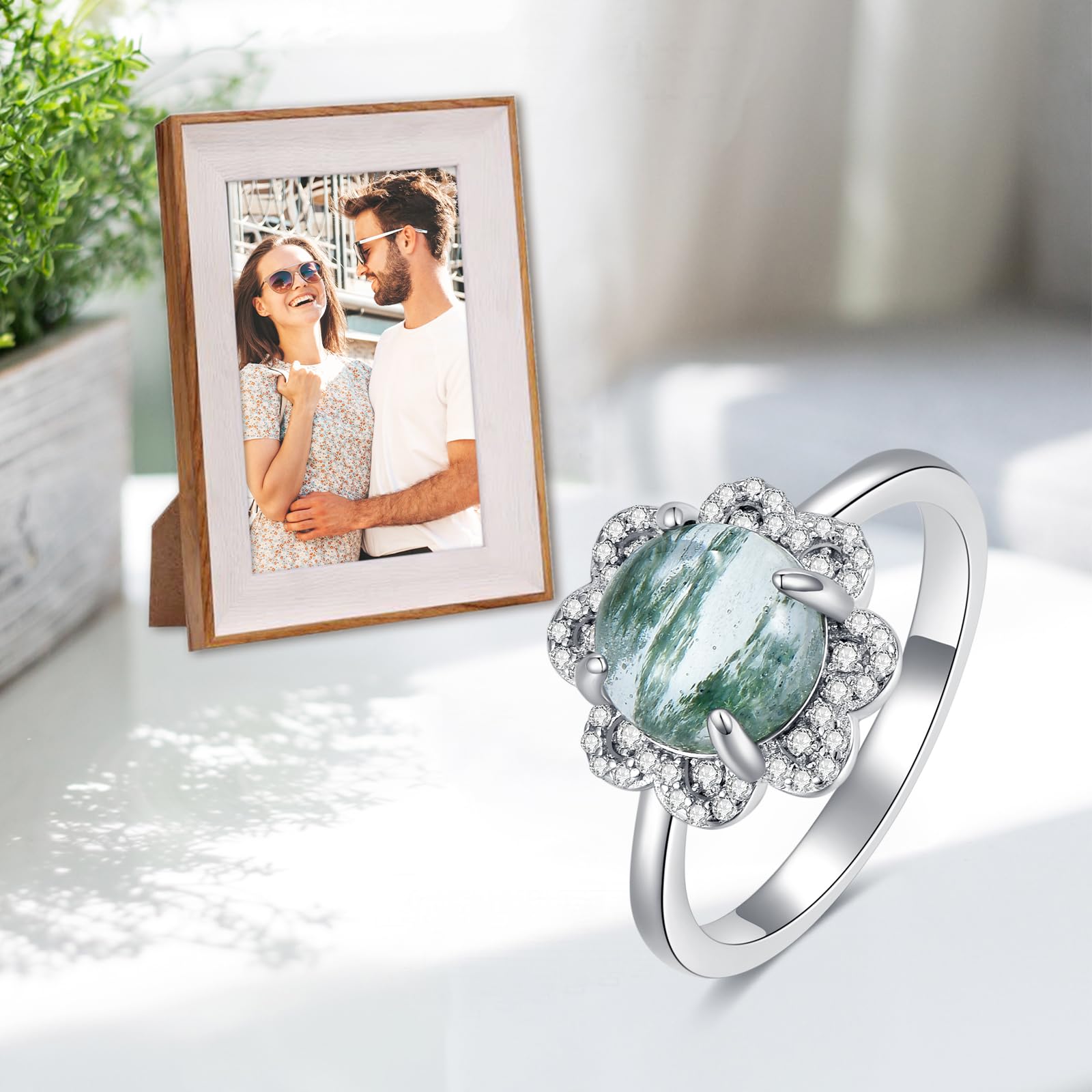 Anillo de ágata musgosa natural de plata de ley y ágata musgosa, anillo de compromiso, joyas de ágata musgosa, regalos para mujeres