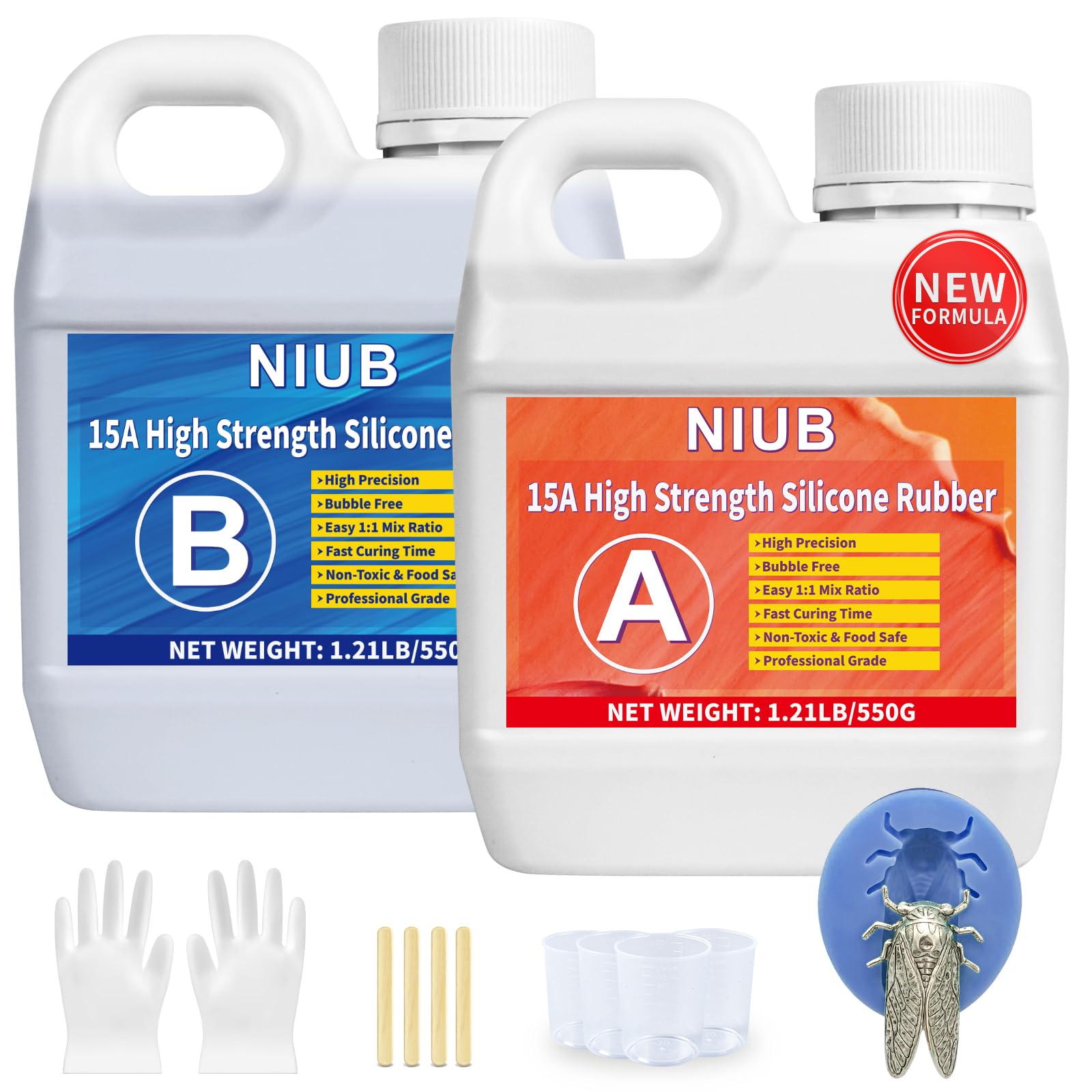 NIUB Abformsilikon, 15A 1,25kg Flüssiges Silikon Abformmasse, Selbstentlüftend, Lebensmittelecht, Easy Mold Release, Niedrige Viskosität, Anti-Tear, Hohe Zähigkeit - Silikon zum Abformen(Blaue)