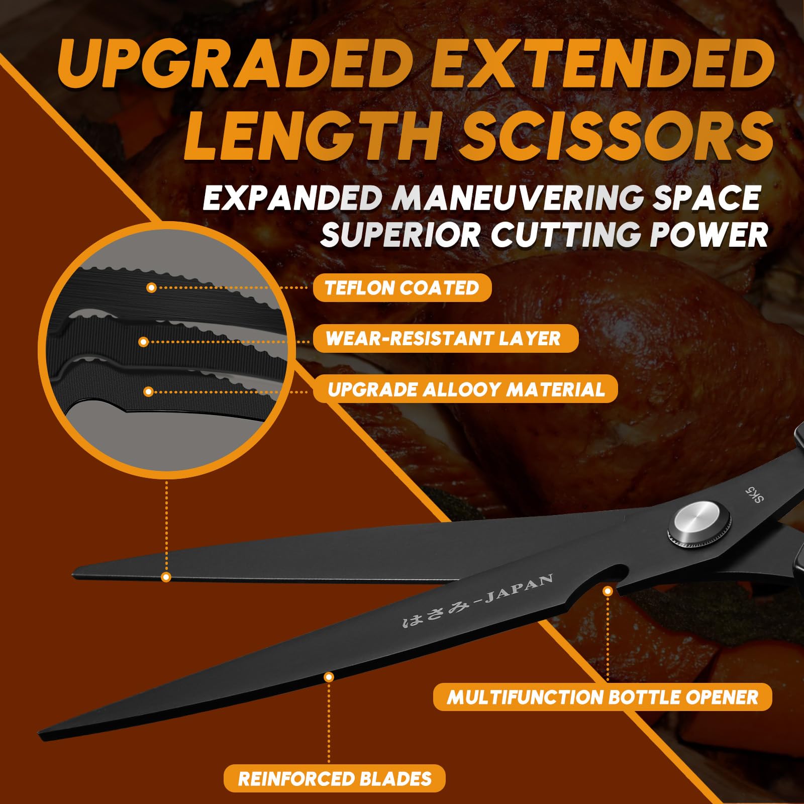 HUUSK Kitchen Scissors Set Black - Upgraded Stainless Steel Kitchen Shear, Sharp Meat Scissors, Heavy Duty Poultry Shears, Japanese Cooking Scissor for Food, Chicken Bones, and Turkey, Dishwasher Safe